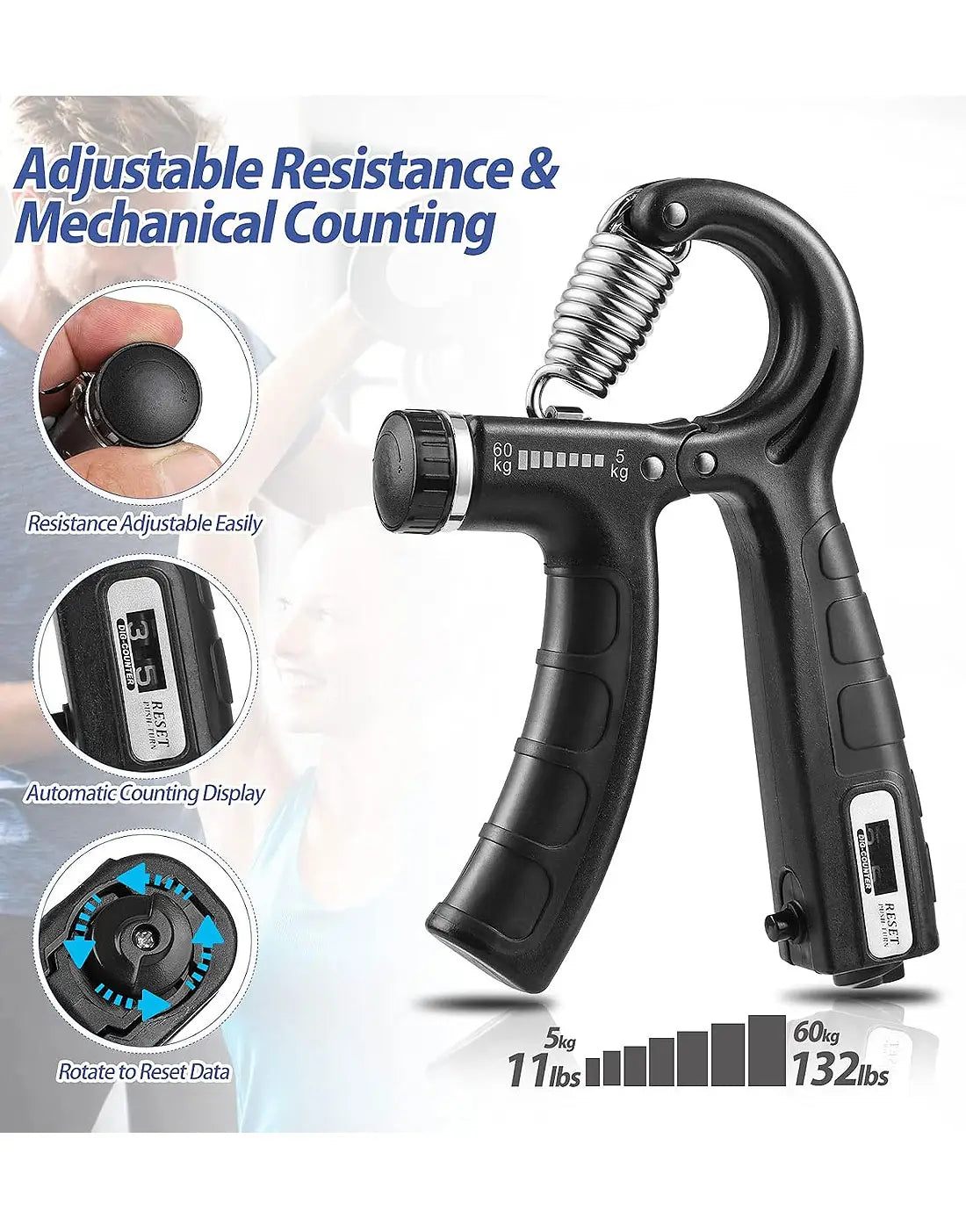 Adjustable 5–60kg Hand Grip Strengthener with Counter for Exercise & Training