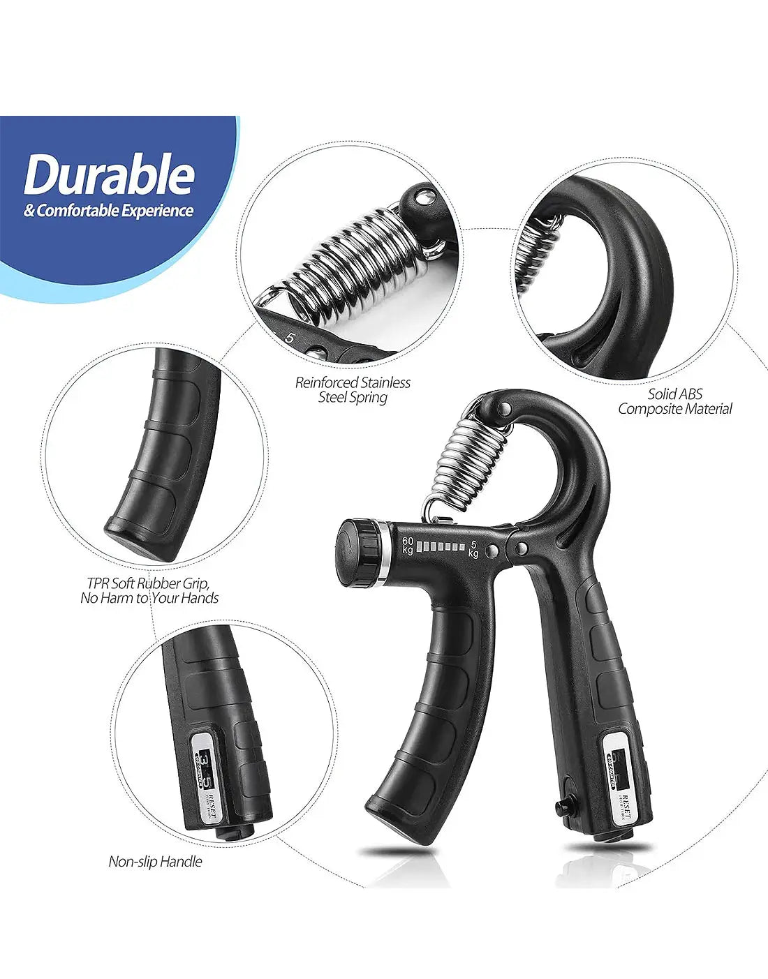 Adjustable 5–60kg Hand Grip Strengthener with Counter for Exercise & Training