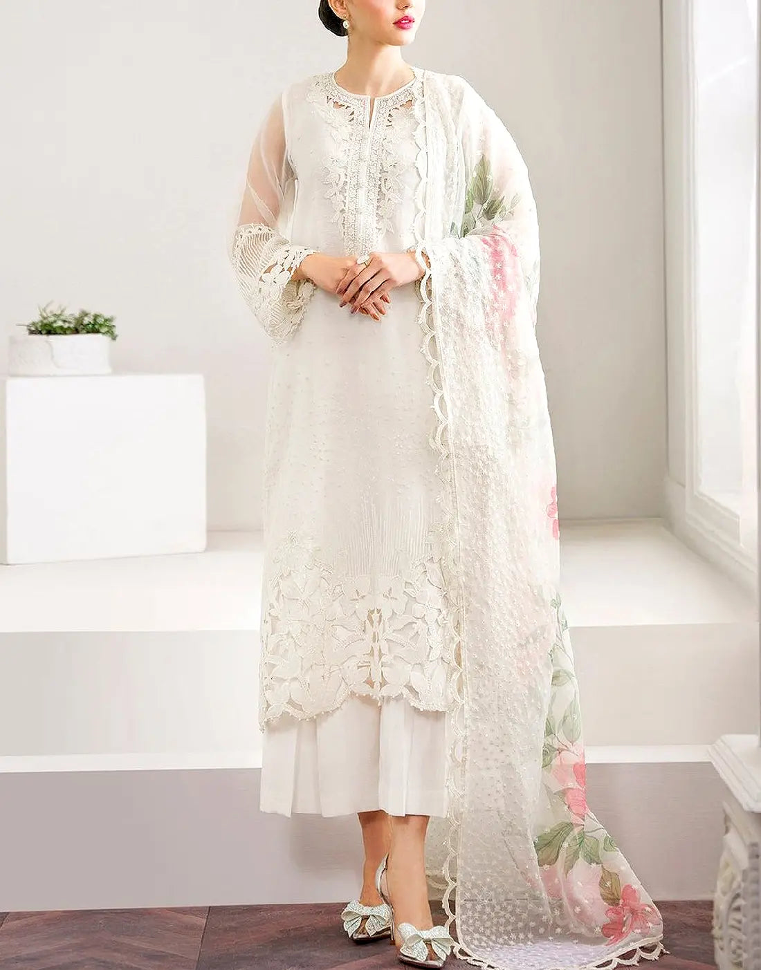 Luxury Embroidered with Handwork White Organza Dress for Nikkah & Engagement