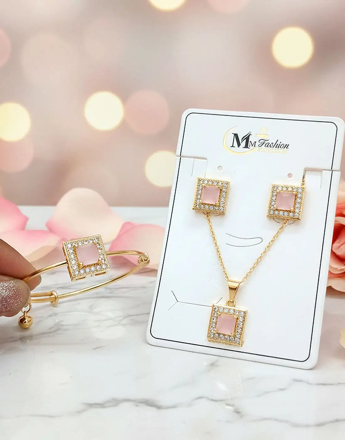 Rhinestone Studded Pink Stone Gold Plated Necklace, Earrings & Bangle Set