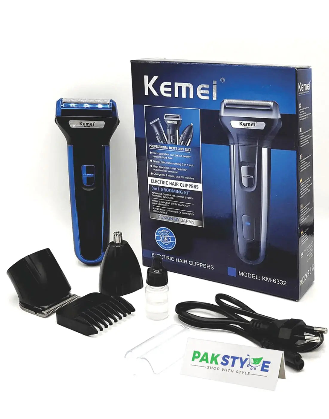 Kemei KM-6332 3-in-1 Grooming Kit - Rechargeable Trimmer for Beard, Hair & Nose Trimming