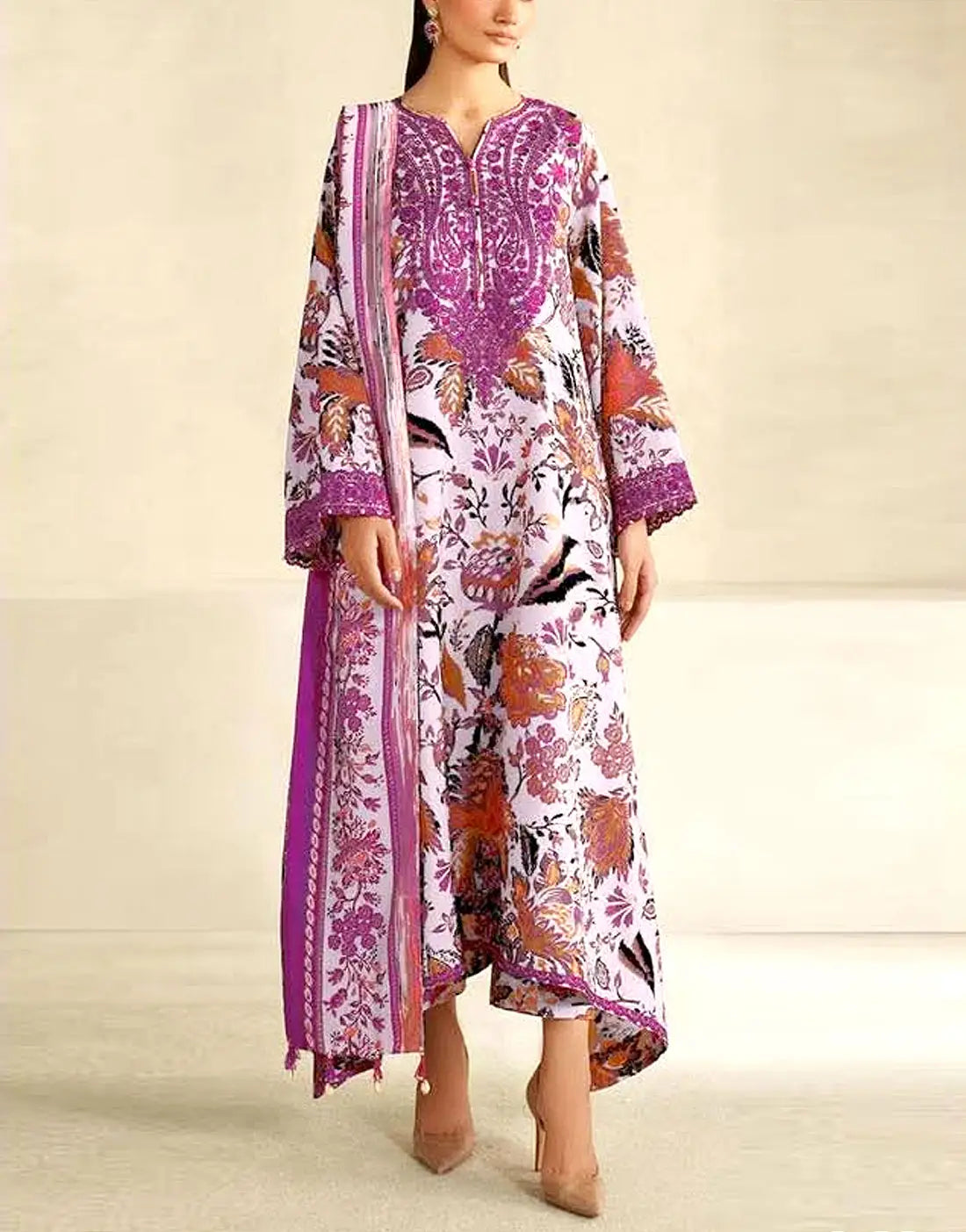 All-Over Flower Print Embroidered Lawn Design with Chiffon Dupatta