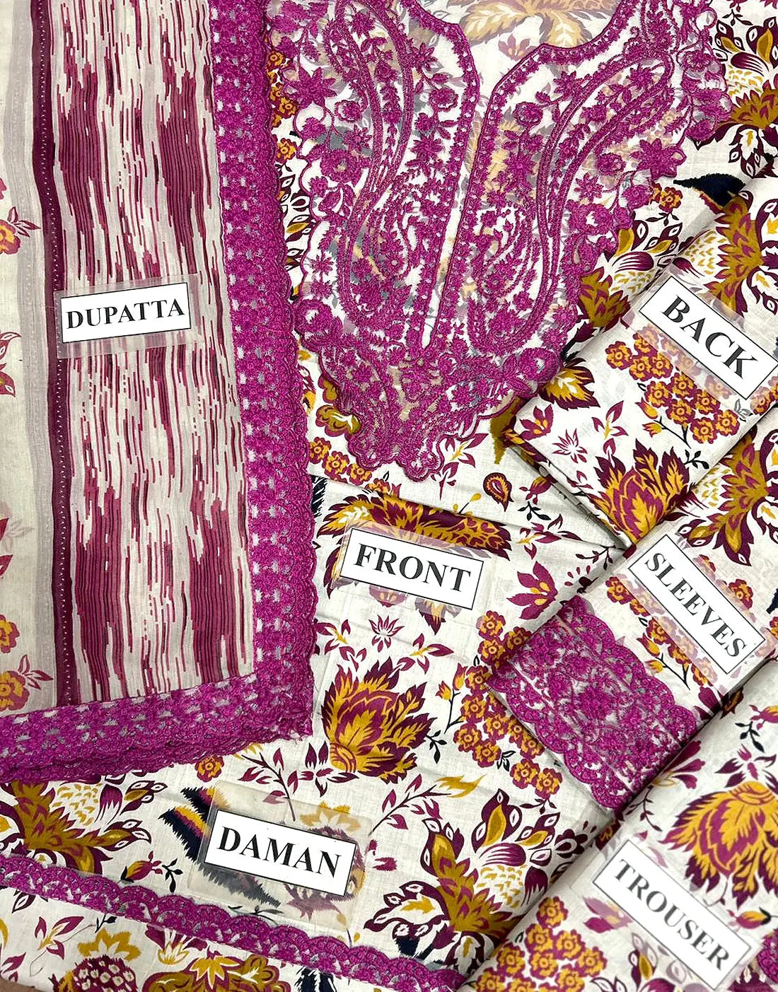 All-Over Flower Print Embroidered Lawn Suit with Chiffon Dupatta