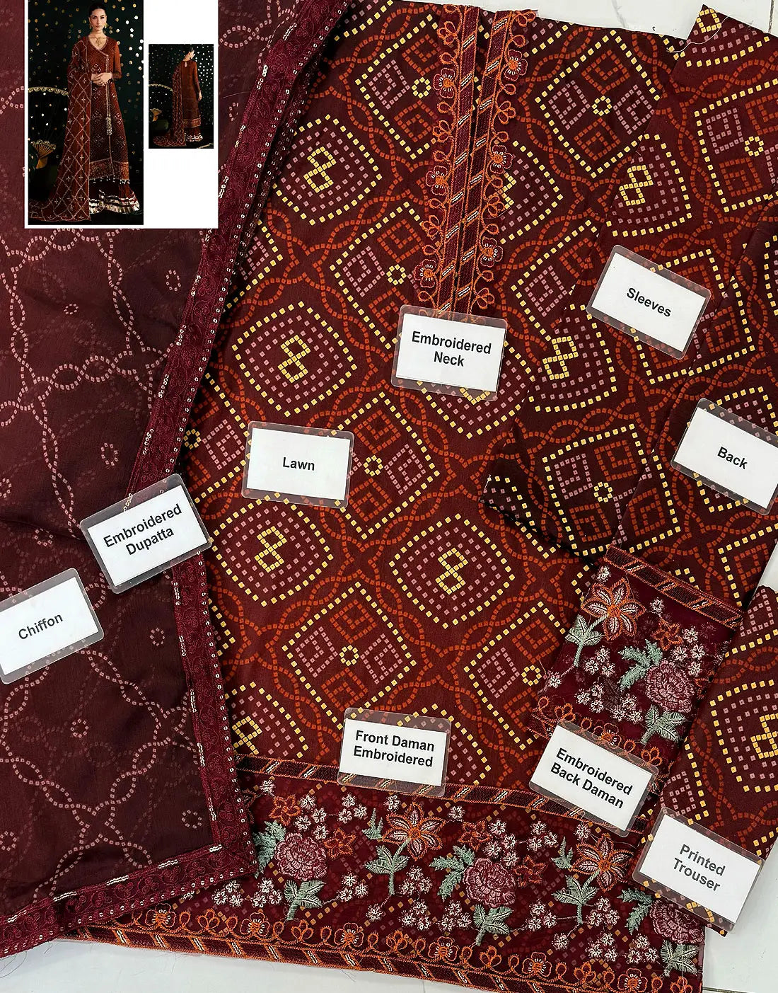 All-Over Chunri Print Embroidered Lawn Dress with 4-Side Emb. Chiffon Dupatta