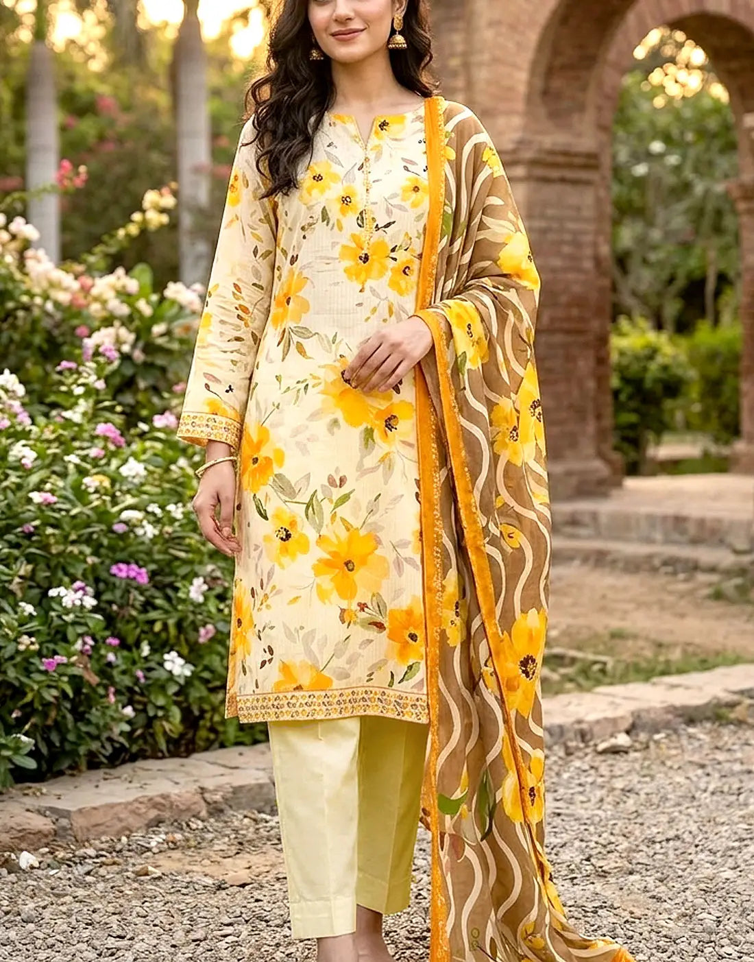 Digital Print 3-Piece Linen Dress with Linen Dupatta