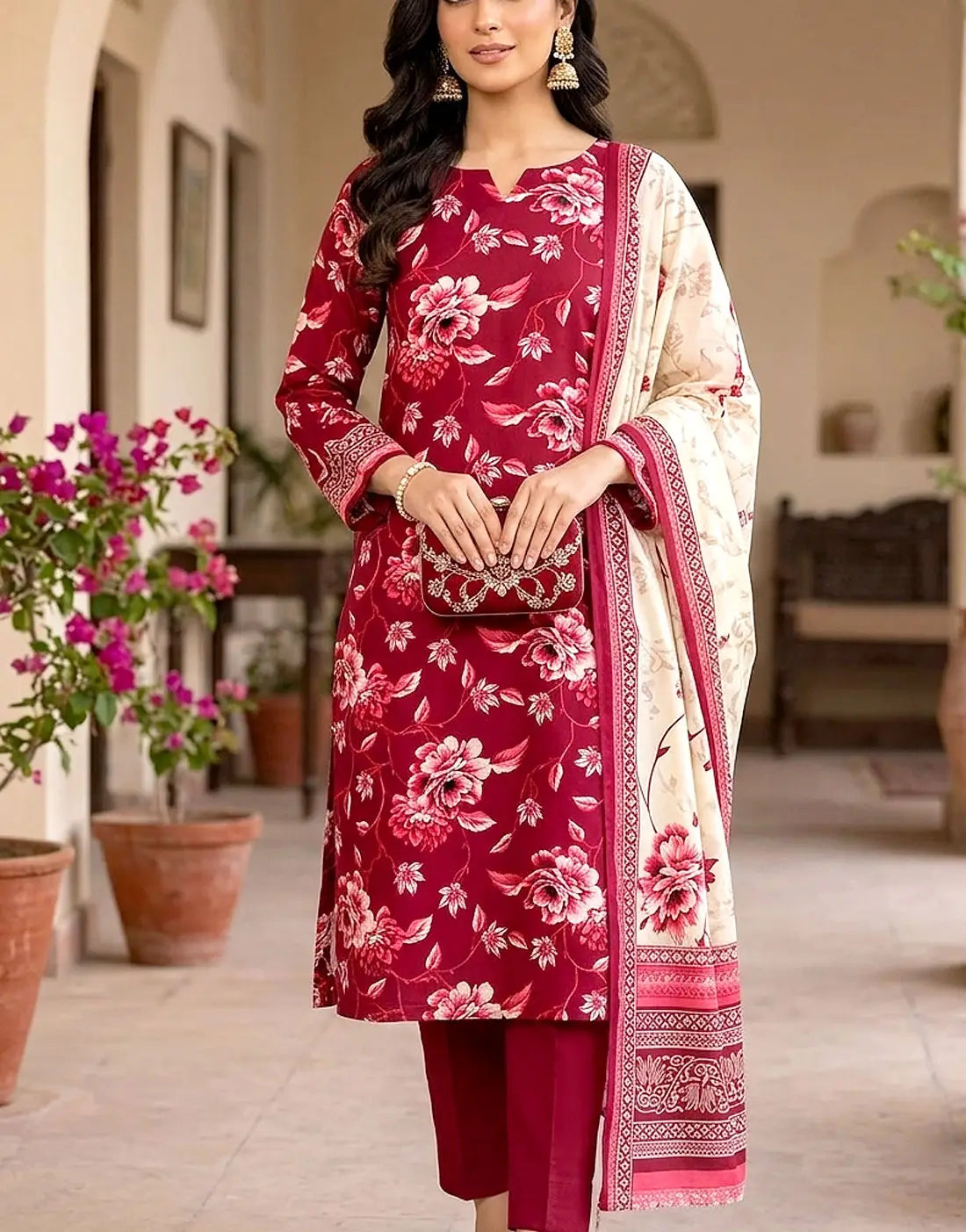 Digital Print 3-Piece Linen Dress with Linen Dupatta