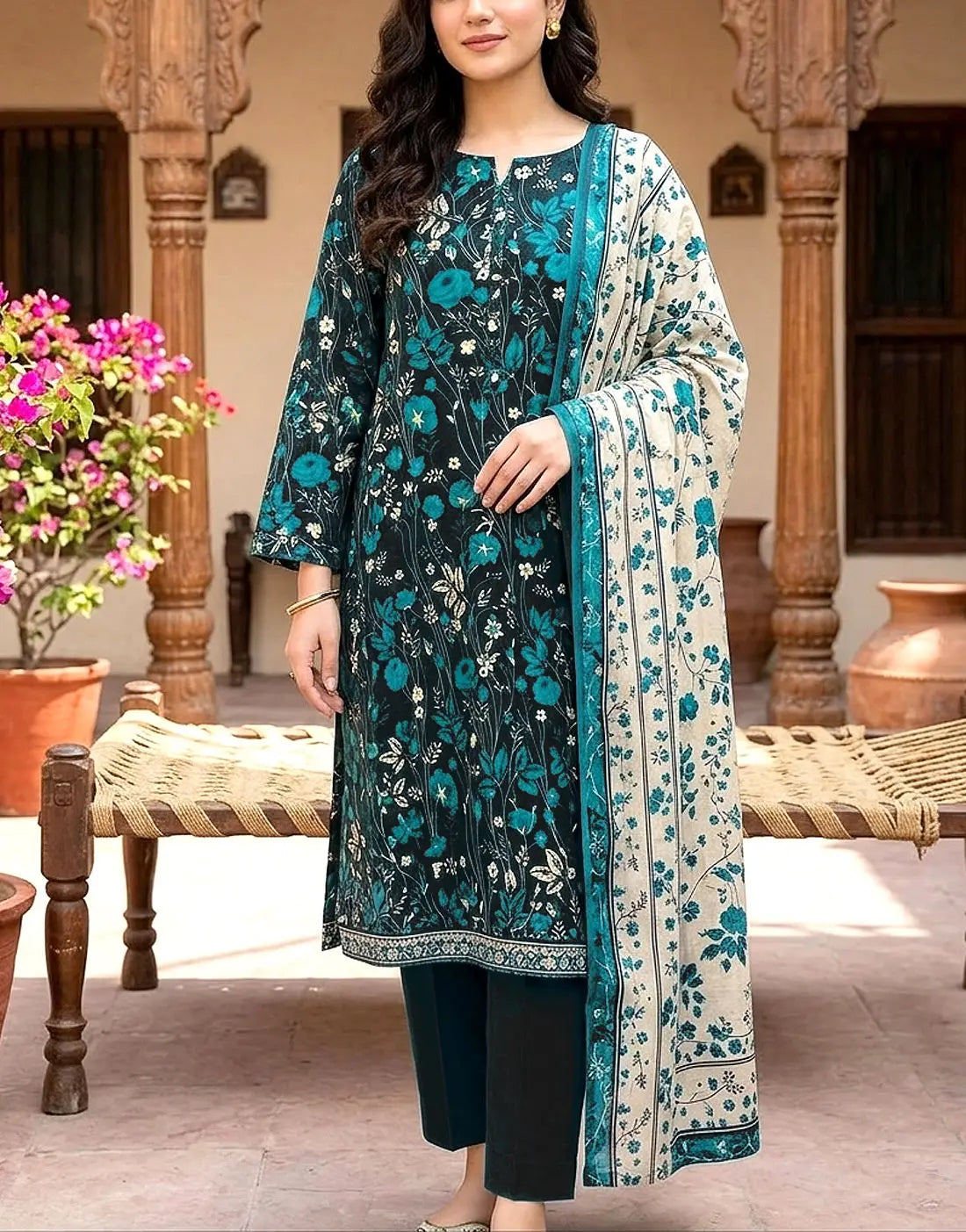 Digital Print 3-Piece Linen Dress with Linen Dupatta