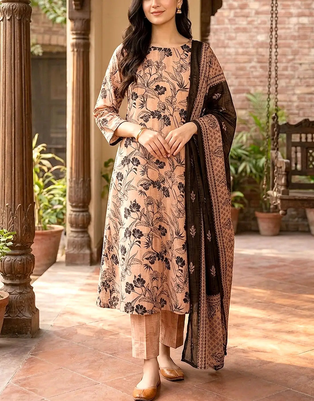 Digital Print 3-Piece Linen Dress with Linen Dupatta