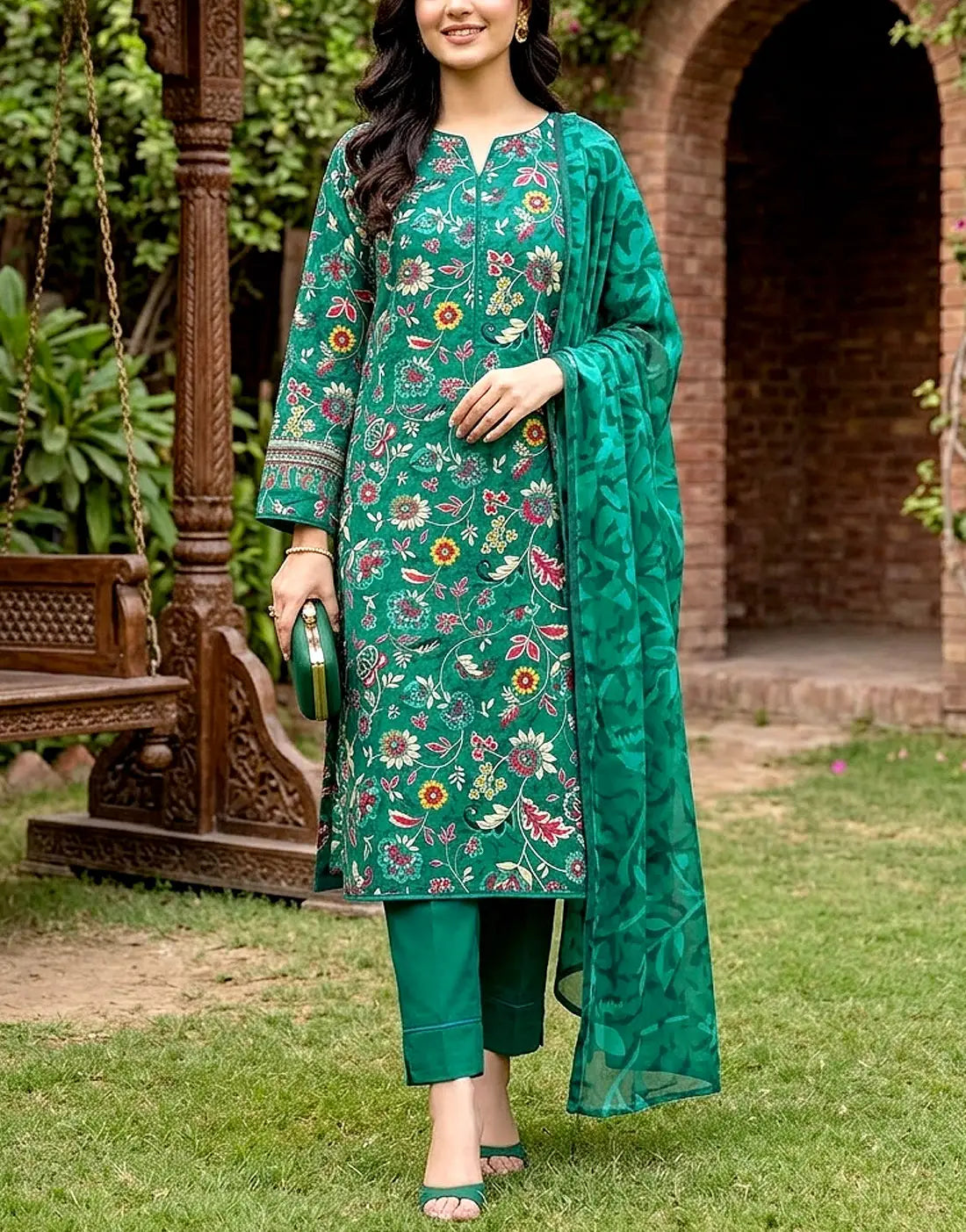 Digital Print 3-Piece Linen Dress with Linen Dupatta