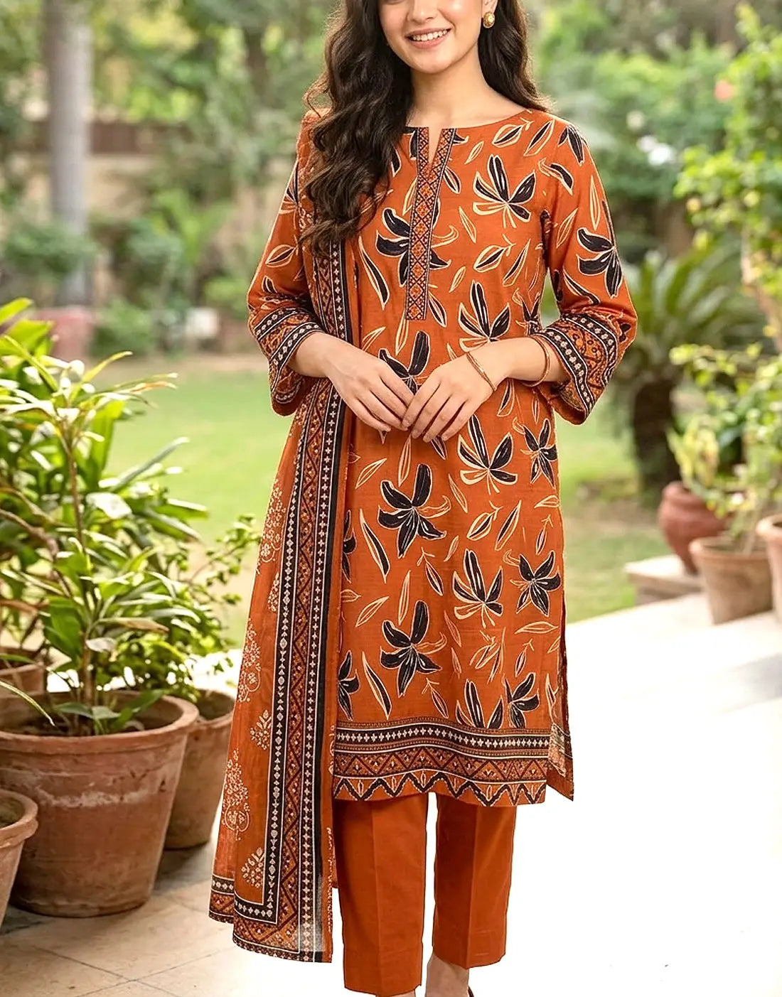 Digital Print 3-Piece Linen Dress with Linen Dupatta