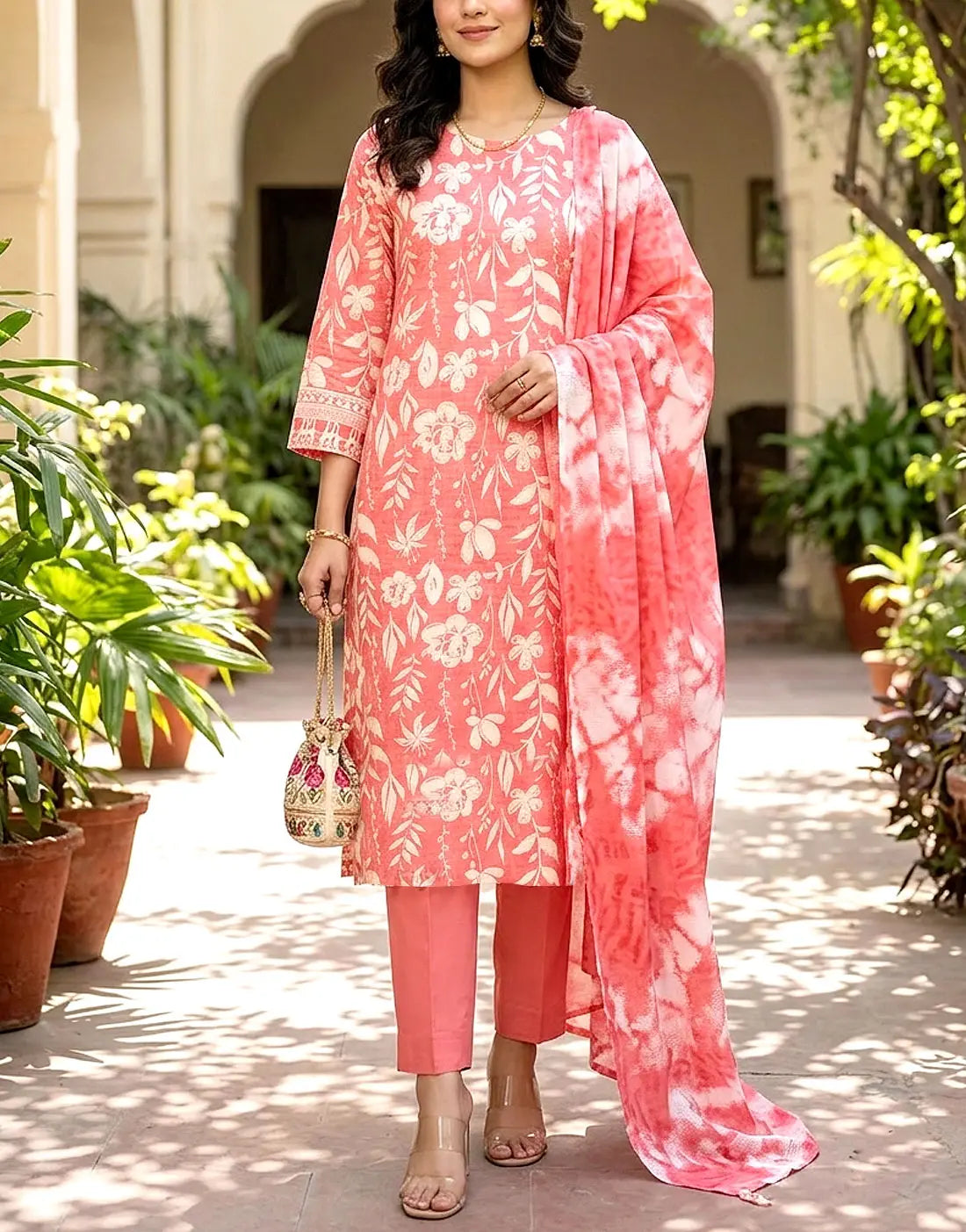 Digital Print 3-Piece Linen Dress with Linen Dupatta