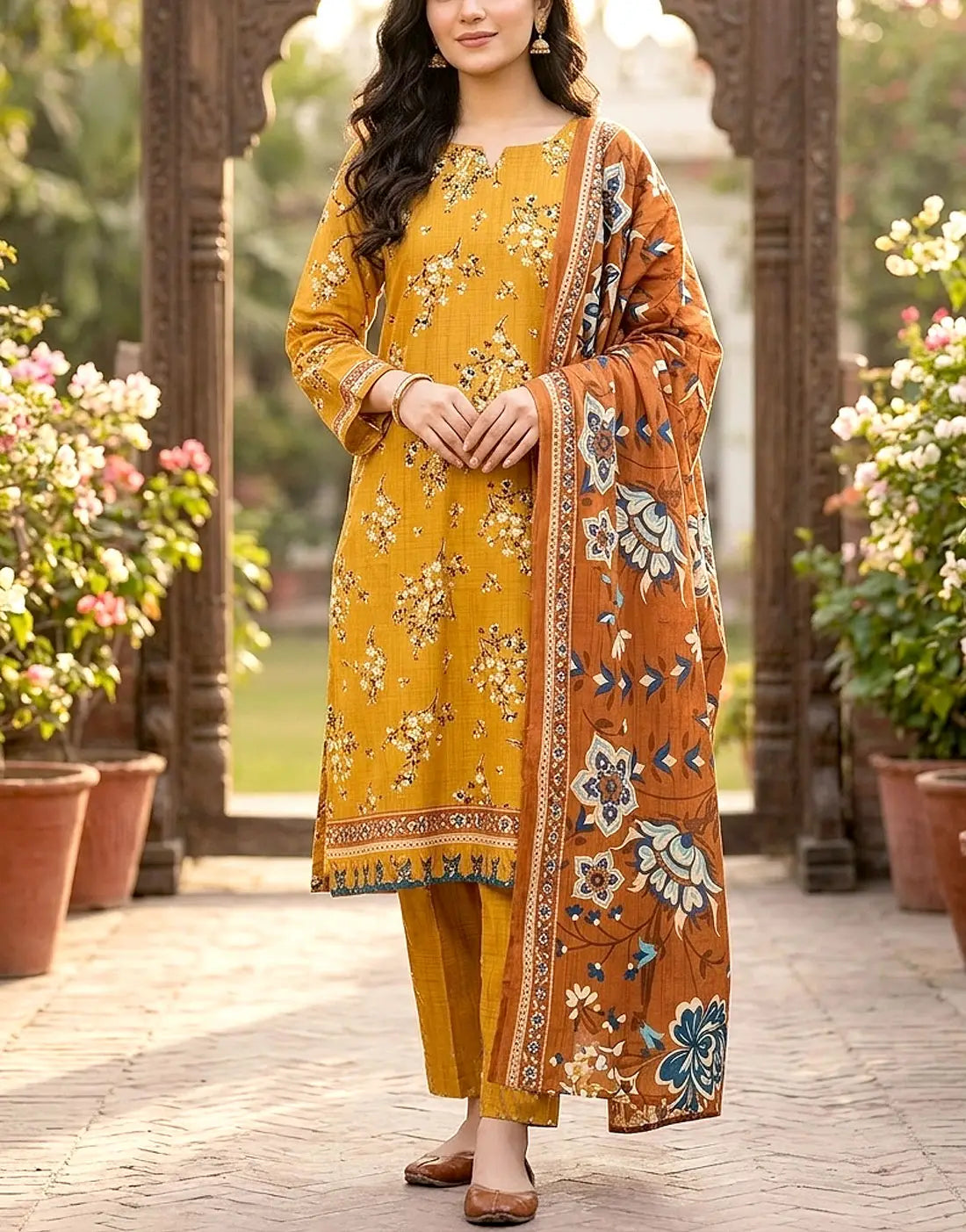 Digital Print 3-Piece Linen Dress with Linen Dupatta