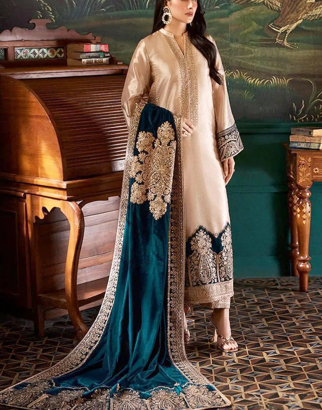 Luxurious Heavy Embroidered Masoori Bridal Dress with Emb. Velvet Shawl