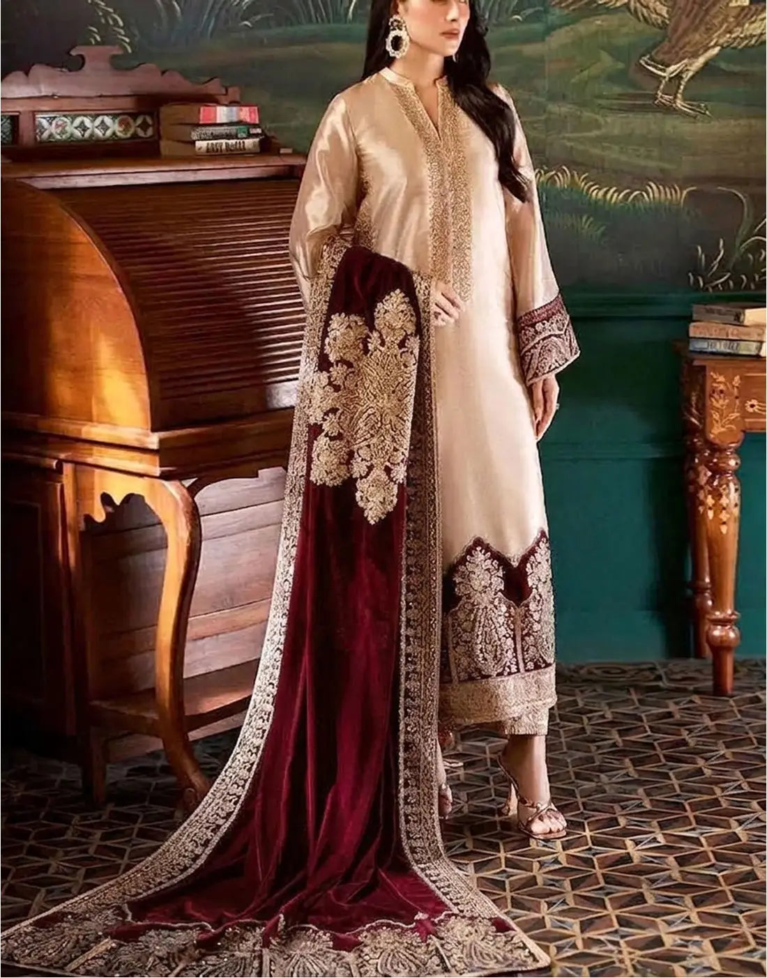 Luxurious Heavy Embroidered Masoori Bridal Dress with Emb. Velvet Shawl