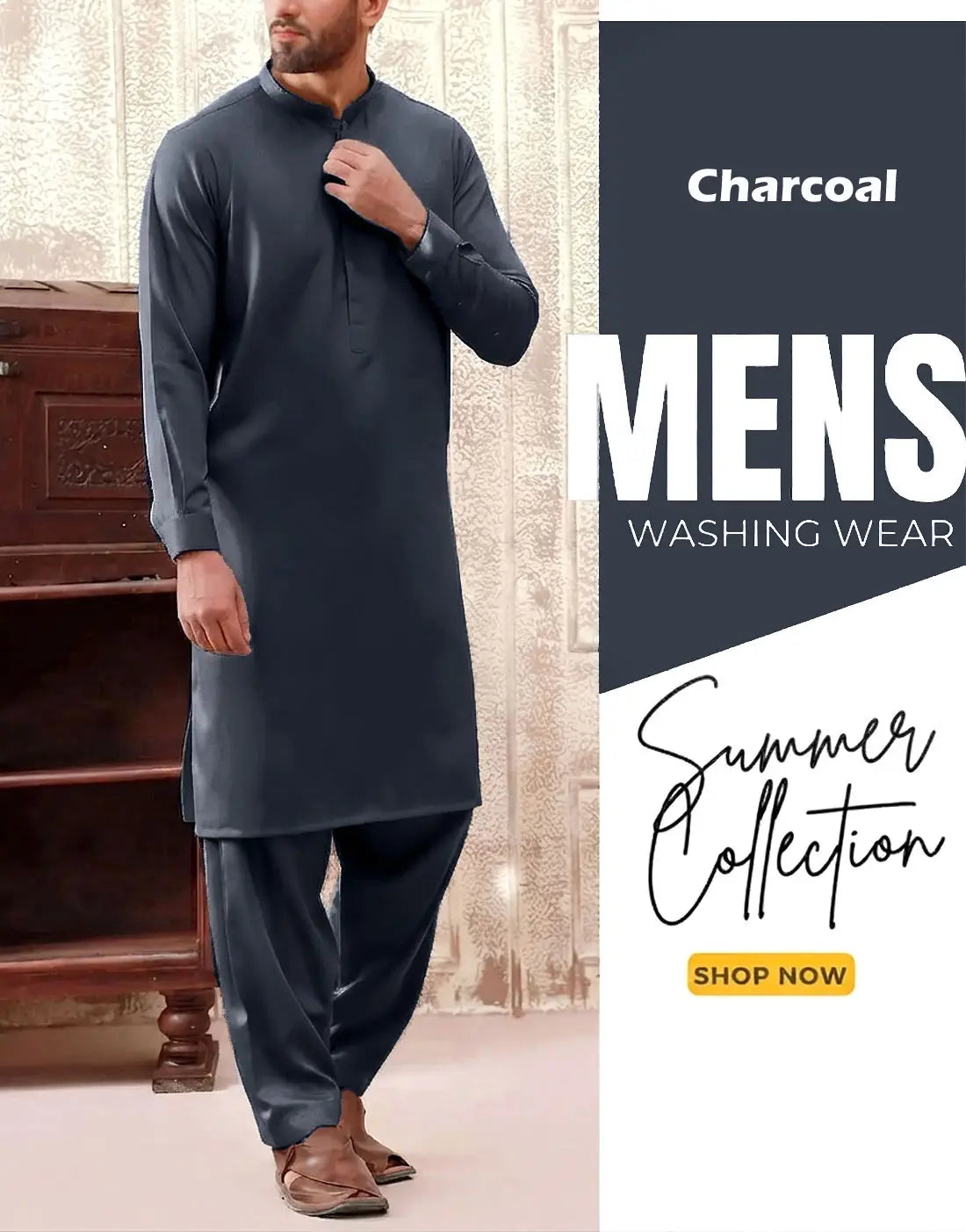 Italian Boski Charcoal Wash & Wear Men’s Shalwar Kameez – Unstitched Formal & Eid Suit