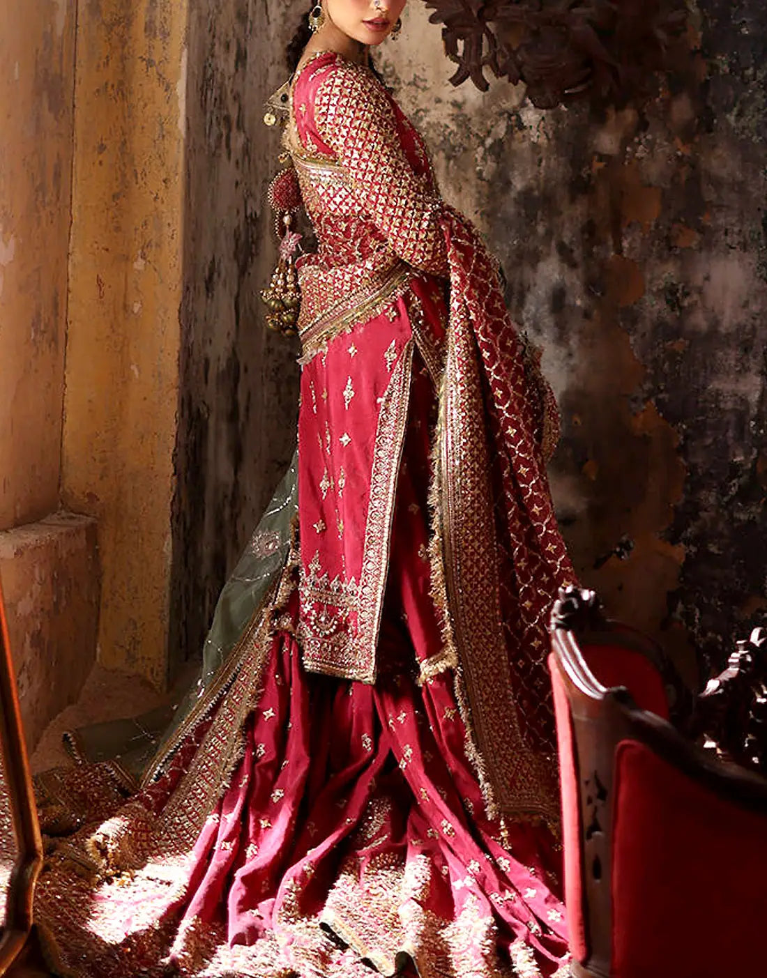 Luxe Heavy Embroidered Maroon NET Bridal Sharara Dress with Rich Embellished Neckline