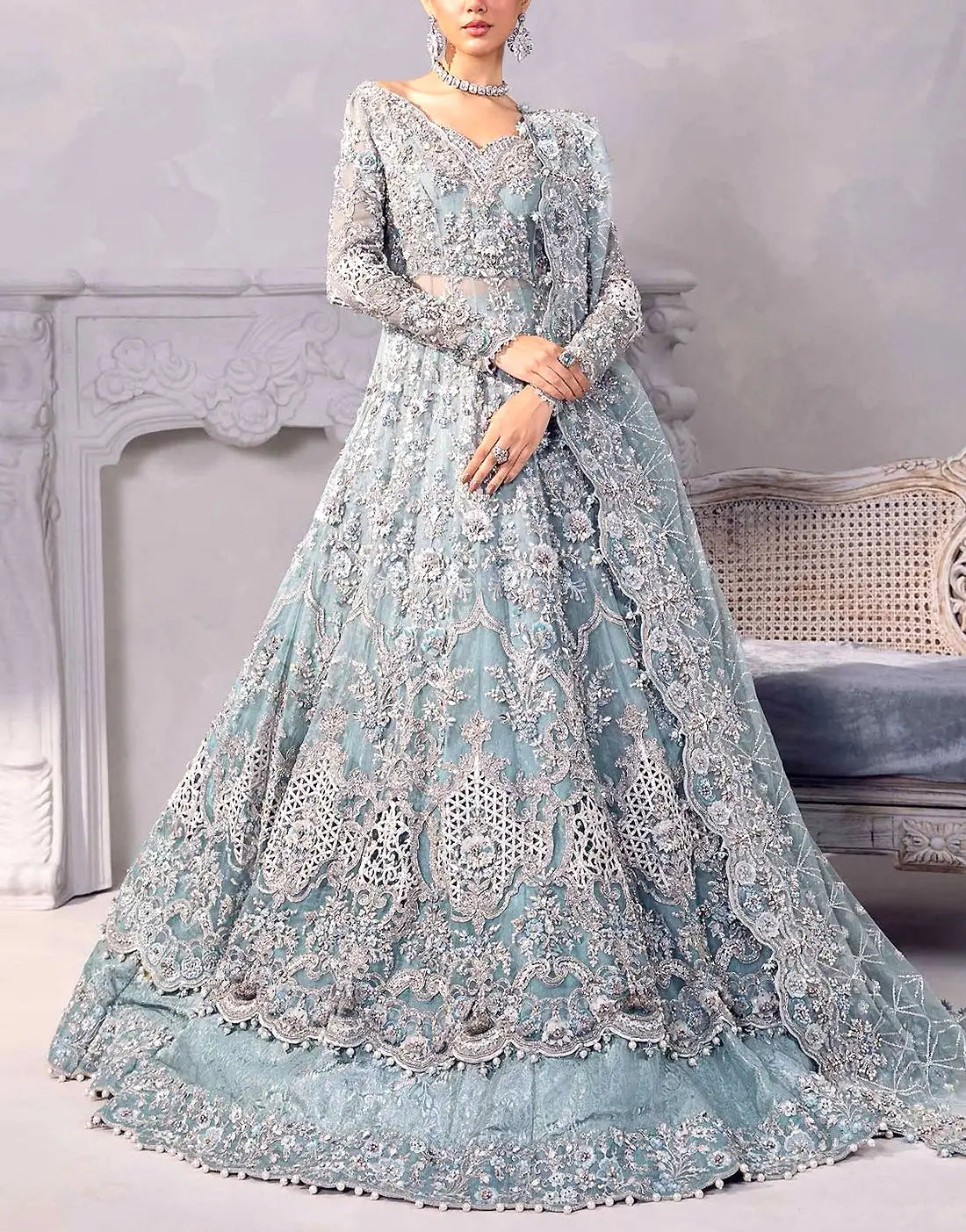 Intricate Embroidered Powder Blue NET Bridal Maxi Dress in 12 Kali Style with Rich Embellishments