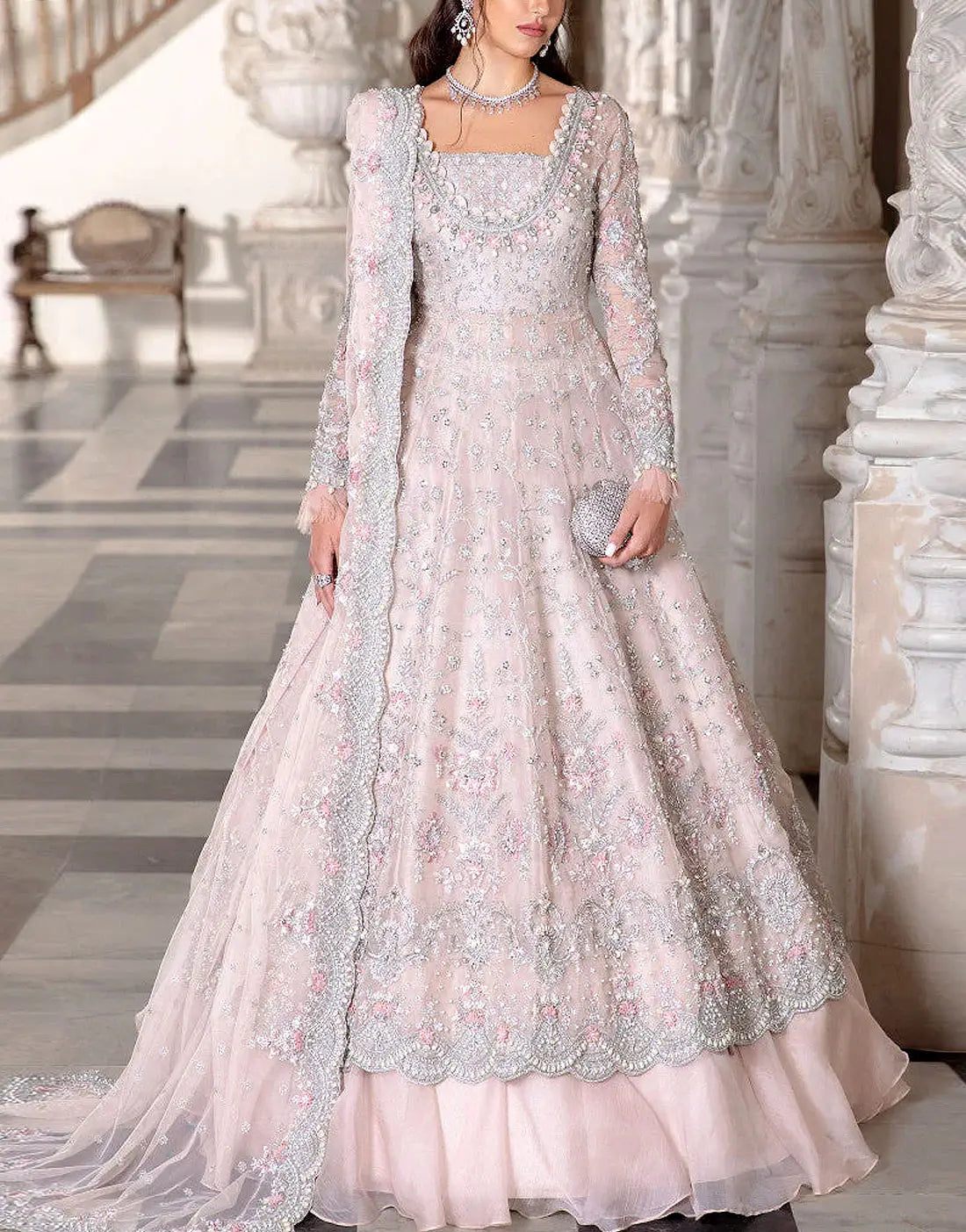 Royal Embroidered Soft Pink Net Bridal Long Maxi Dress with Rich Embellishments