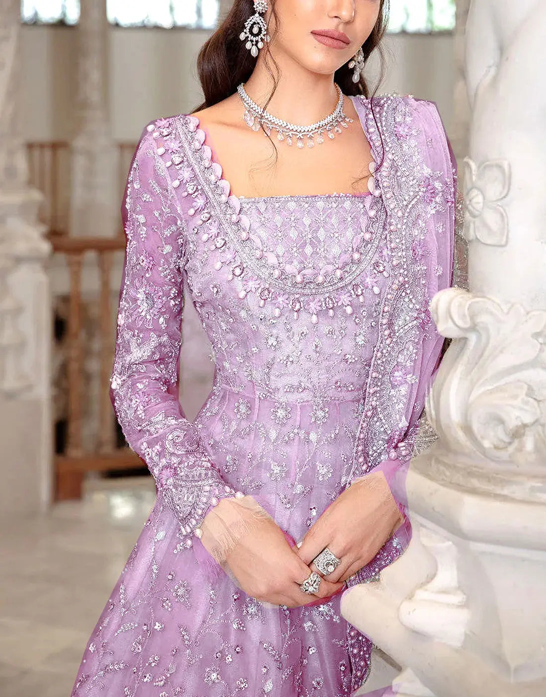 Royal Embroidered Light Purple Net Bridal Long Maxi Dress with Rich Embellishments