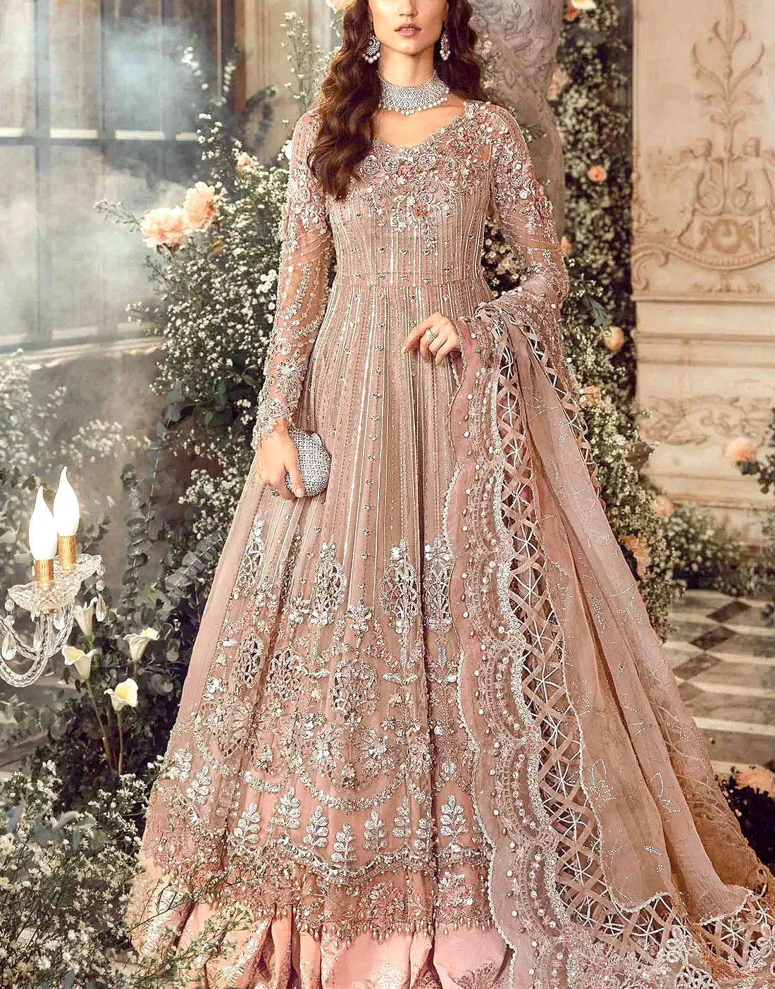 Luxury Embroidered Tea Pink Net Bridal Maxi Dress with Heavy Embellishments