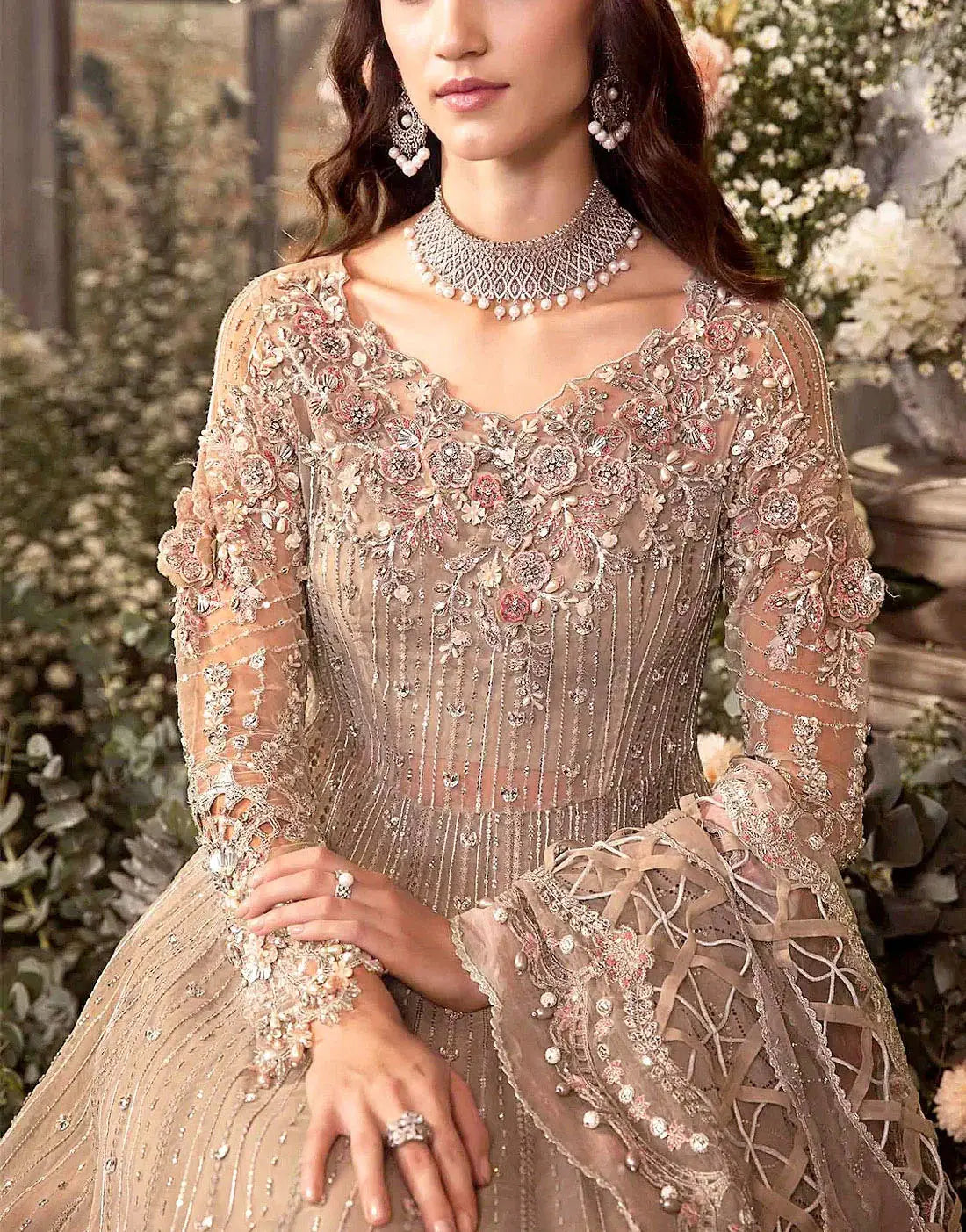 Luxury Embroidered Tea Pink Net Bridal Maxi Dress with Heavy Embellishments