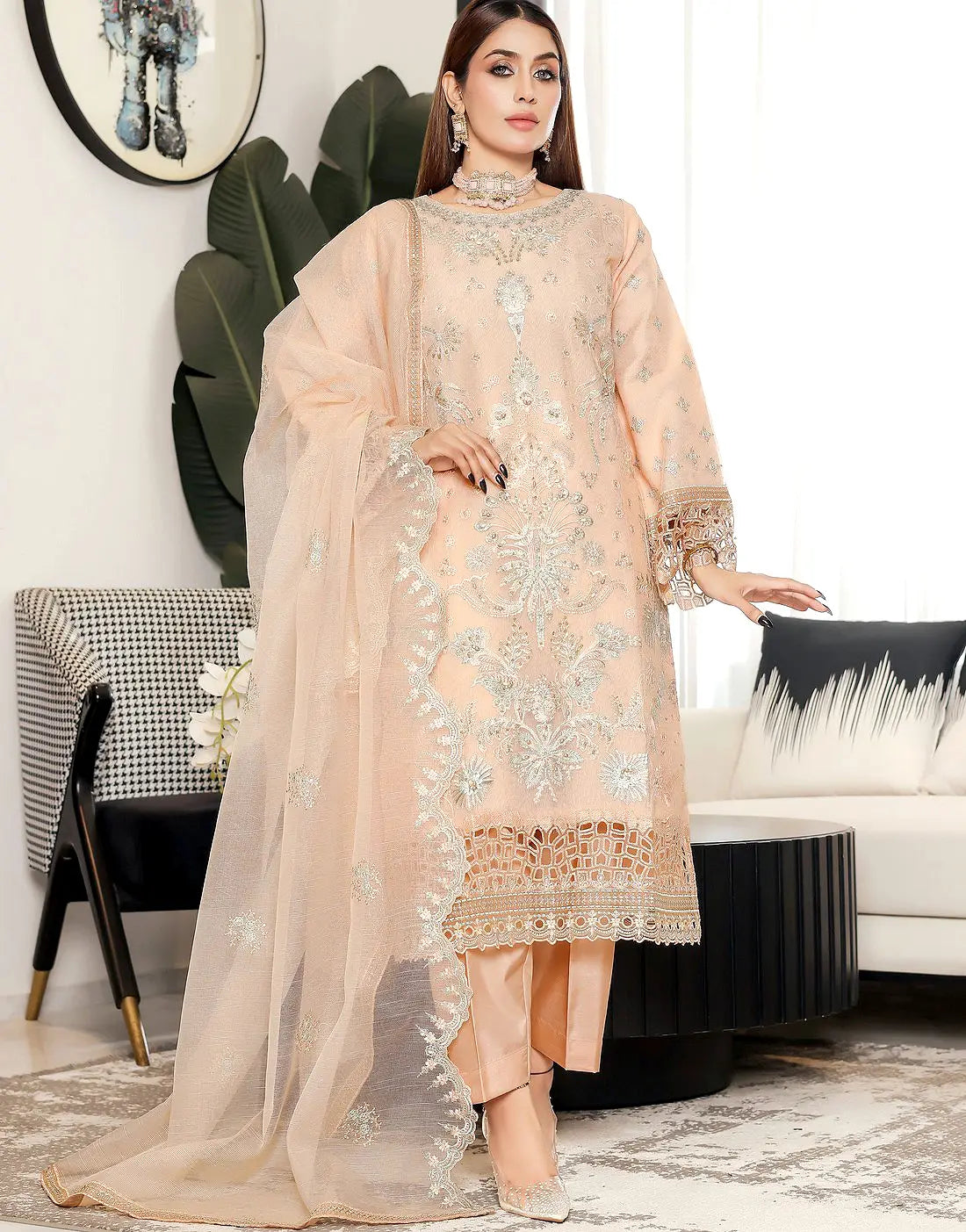 Carnation Semi-Stitched Embroidered Light Peach Aiyudiya Net Organza Dress with Monar Dupatta