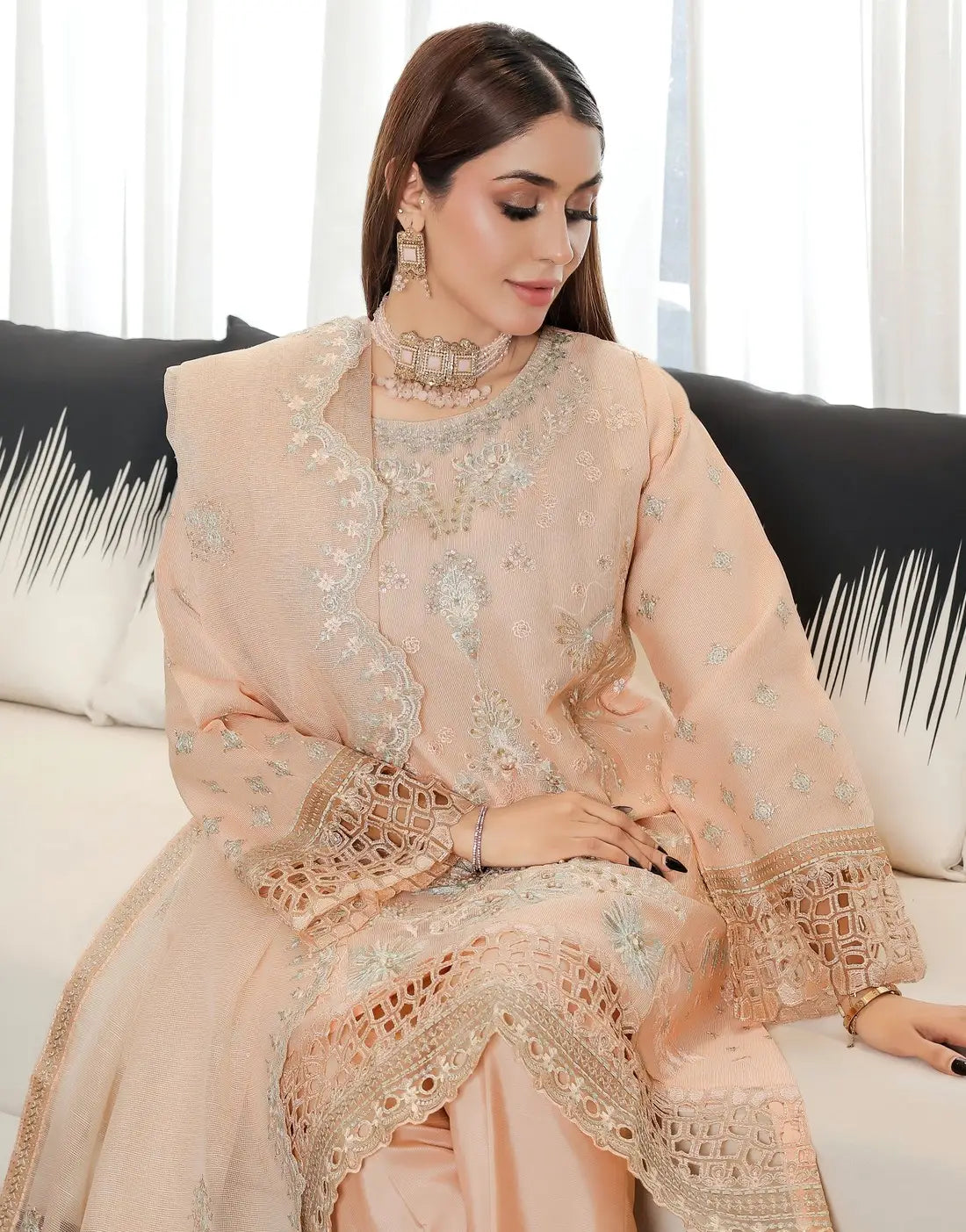 Carnation Semi-Stitched Embroidered Light Peach Aiyudiya Net Organza Dress with Monar Dupatta