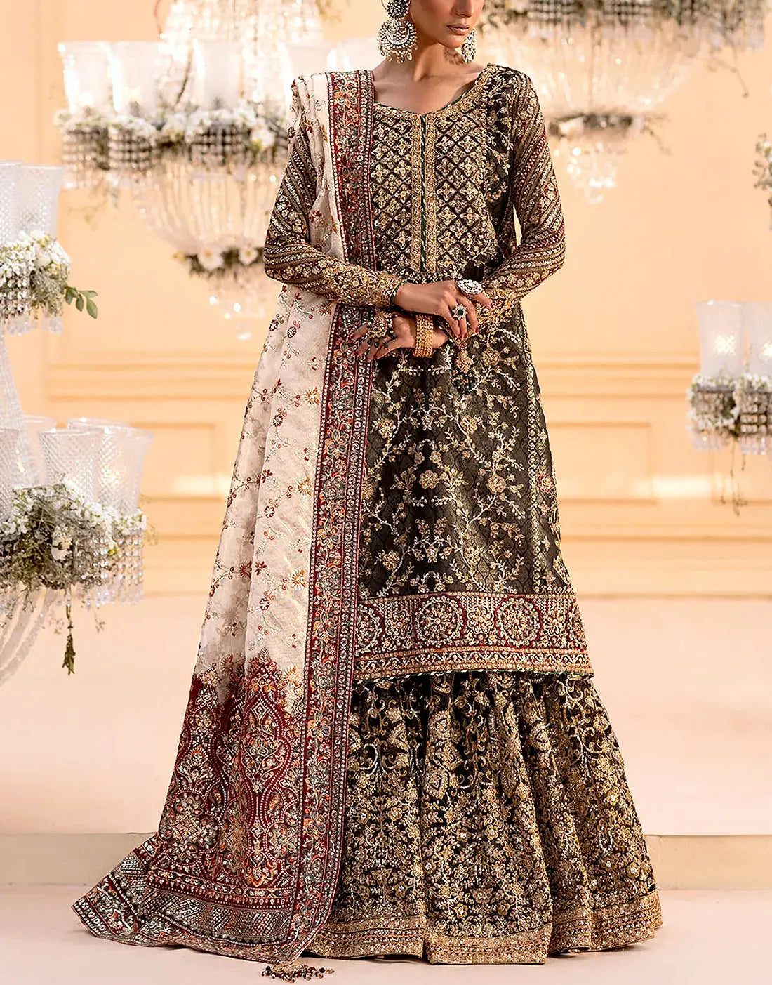 Luxurious Embroidered Black Organza Bridal Dress featuring Adda‑Work Detailing