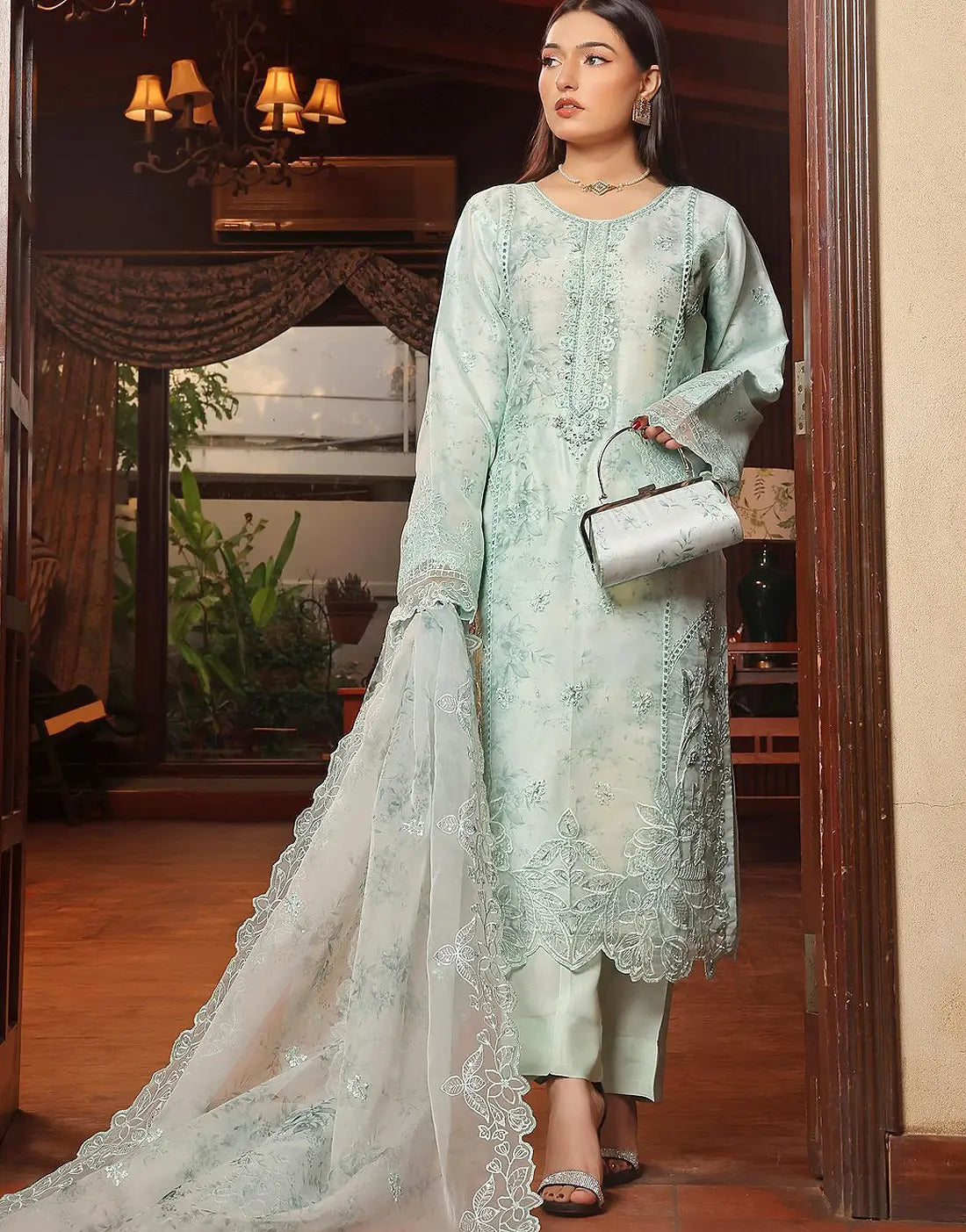 Sharjeena Semi-Stitched Embroidered Mint Green Organza Dress with Free Clutch Bag