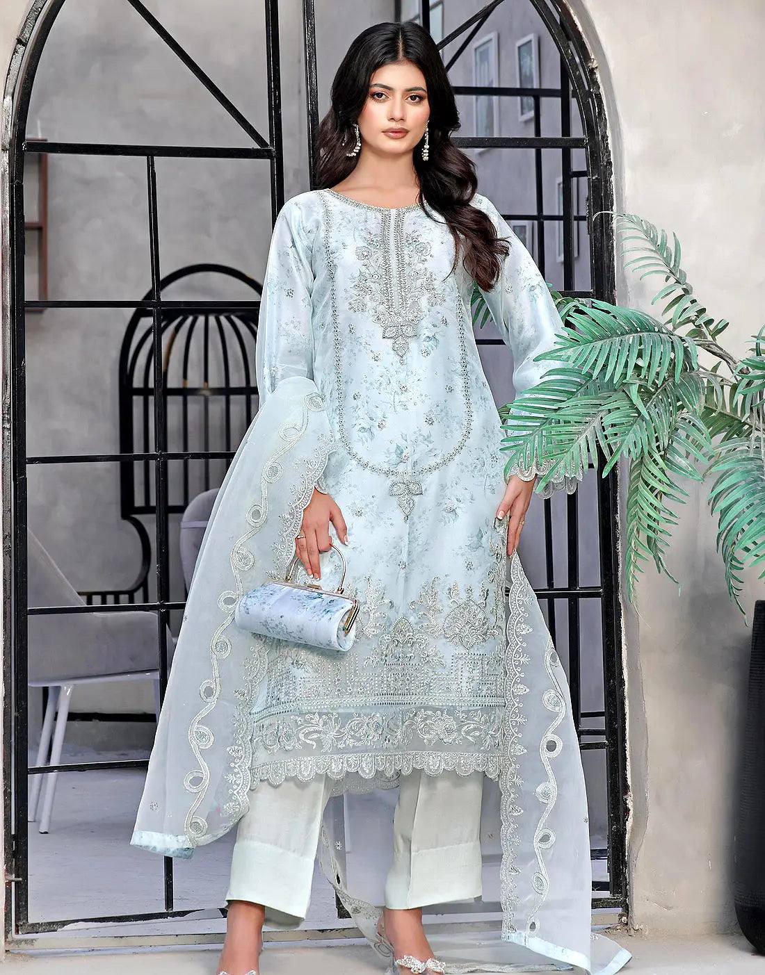 Naaira Semi-Stitched Embroidered Organza Party Dress with Complimentary Clutch Bag