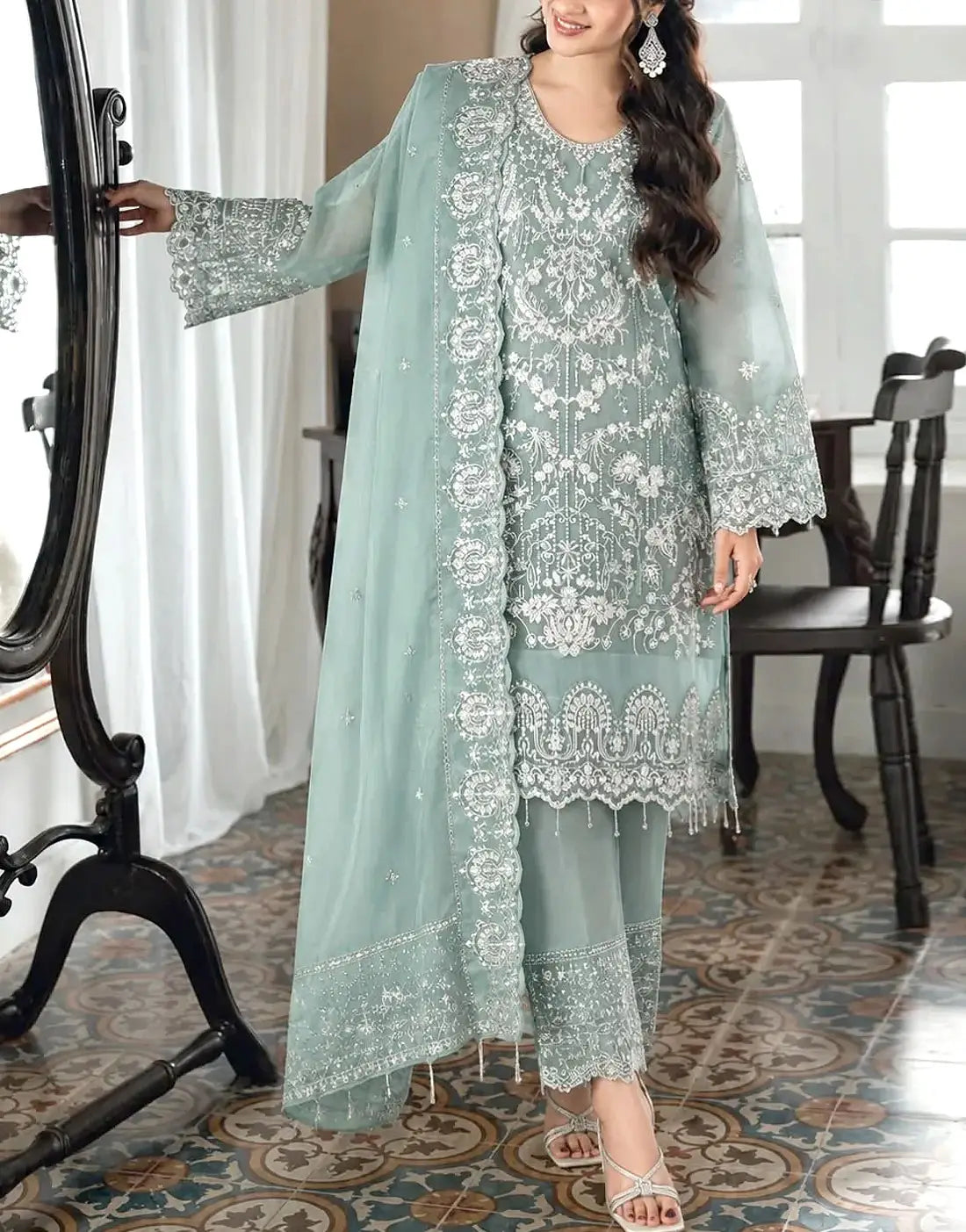 Artisan Embroidered Sage Green Organza Party Dress 2026 for Weddings & Formal Events