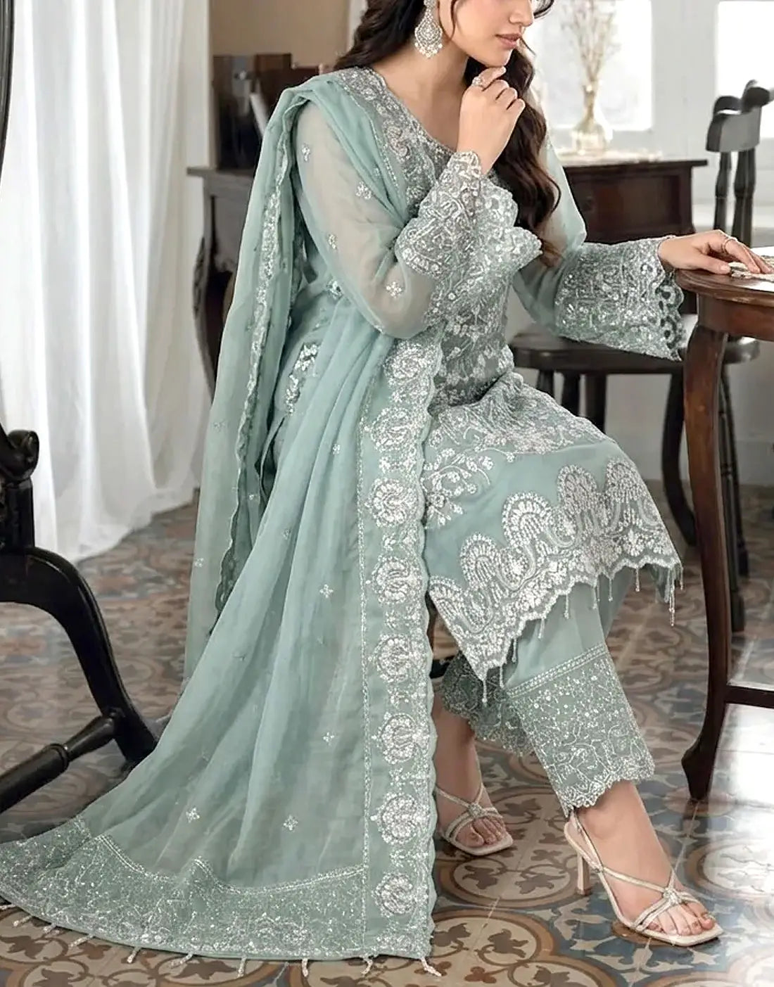 Artisan Embroidered Sage Green Organza Party Dress 2026 for Weddings & Formal Events