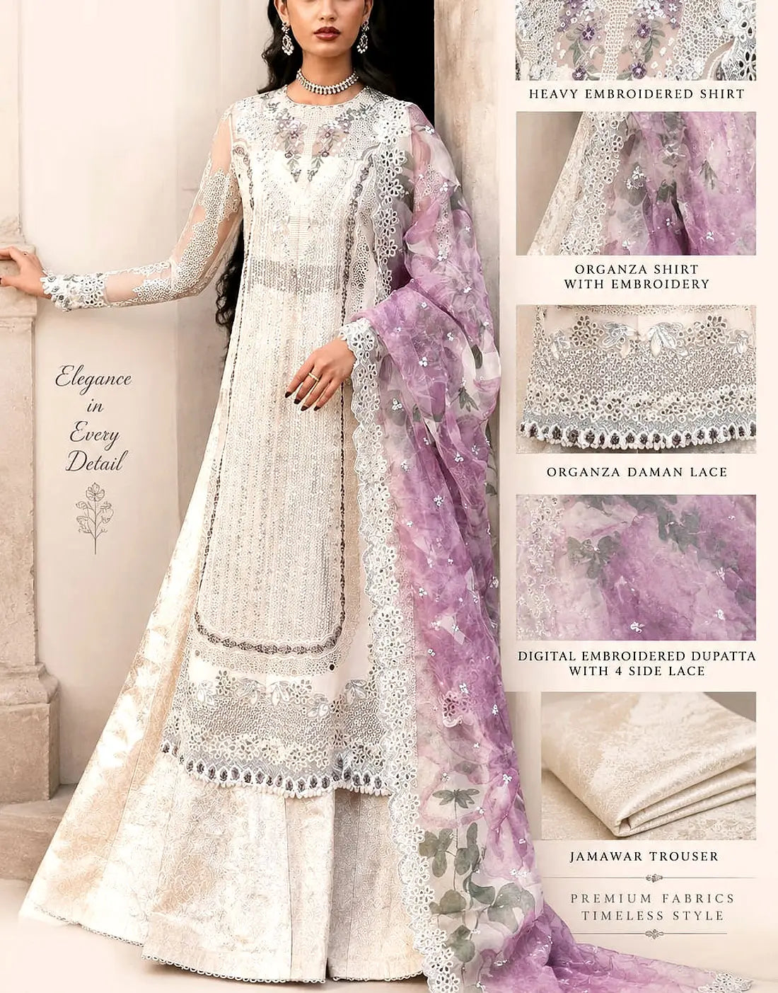 Sophisticated Heavy Embroidered Off-White Organza Dress for Weddings & Formal Events