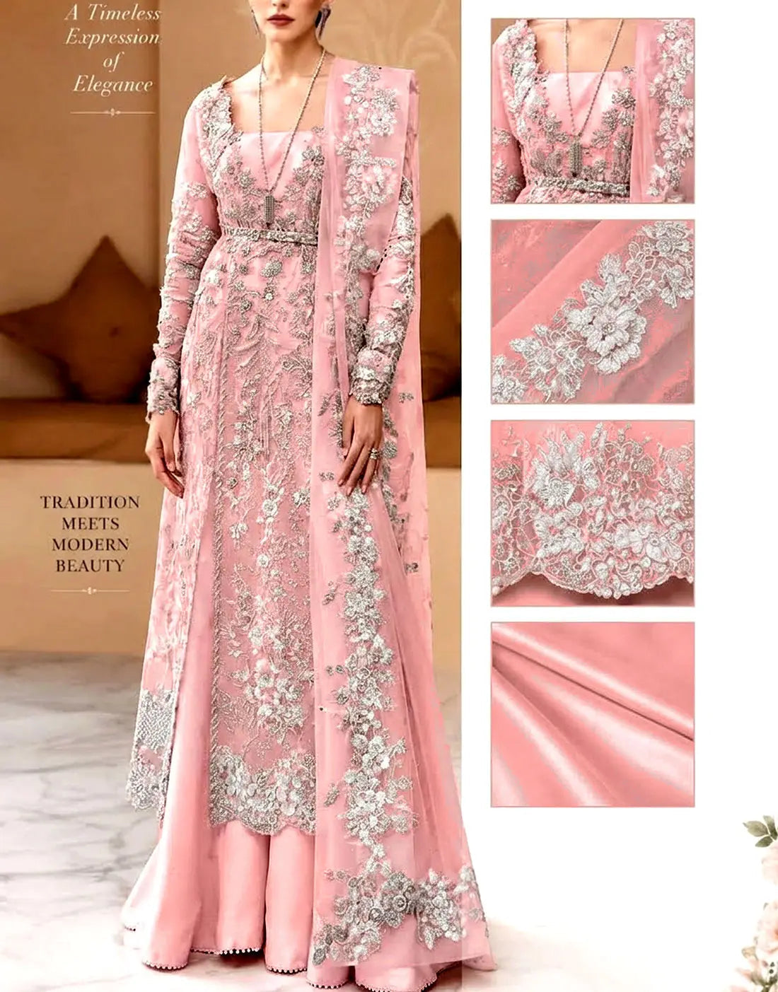 Luxury Embroidered & 3D Flower Embellished Blush Pink Organza Bridal Dress for Weddings & Formal Events