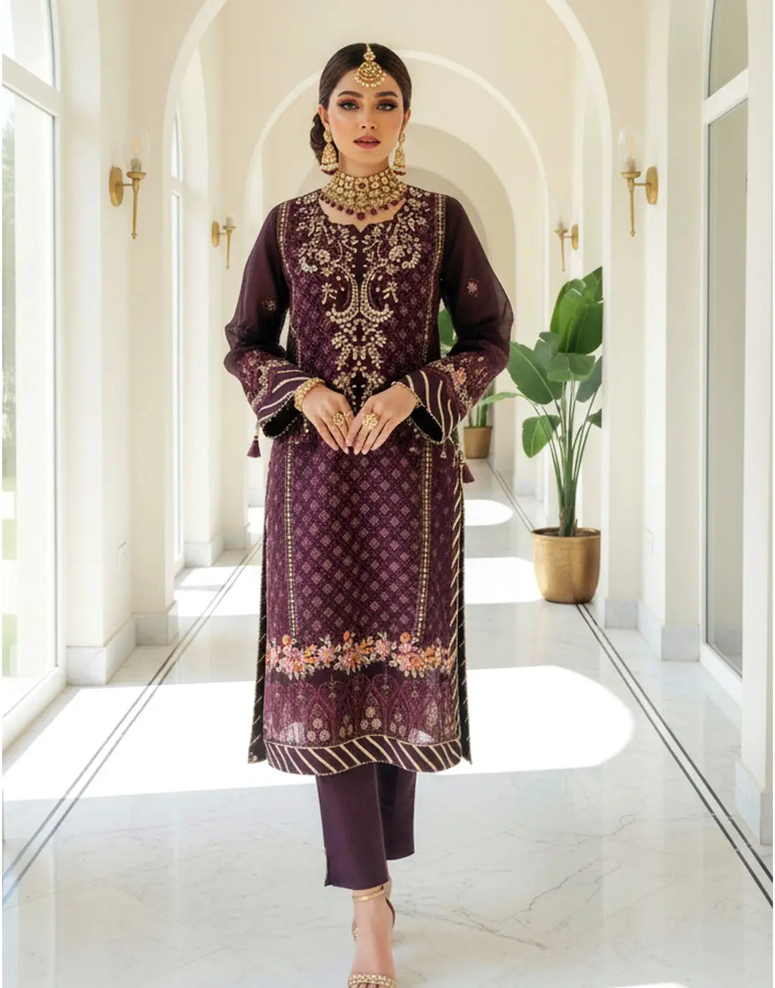 Dhanak Luxury Embroidered Deep Plum Organza Dress with Hand Embellishments