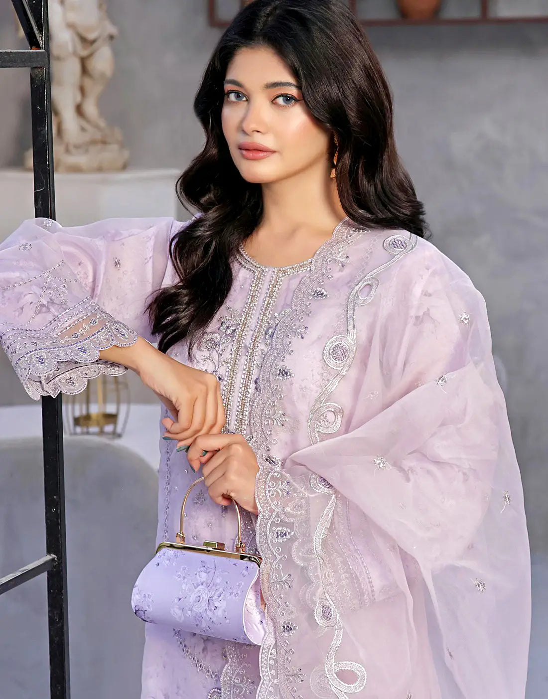 Naaira Semi-Stitched Embroidered Lavender Organza Party Dress with Complimentary Clutch Bag