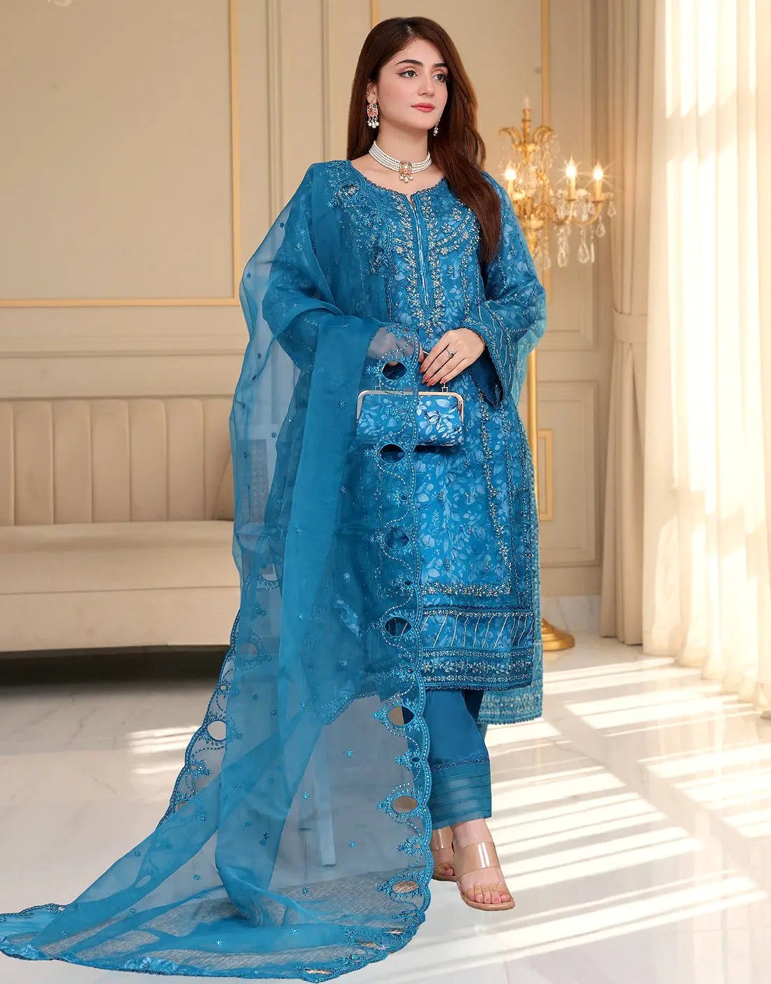 Haleema Semi-Stitched Premium Embroidered Zinc Blue Organza Party Dress with Matching Cutch Bag