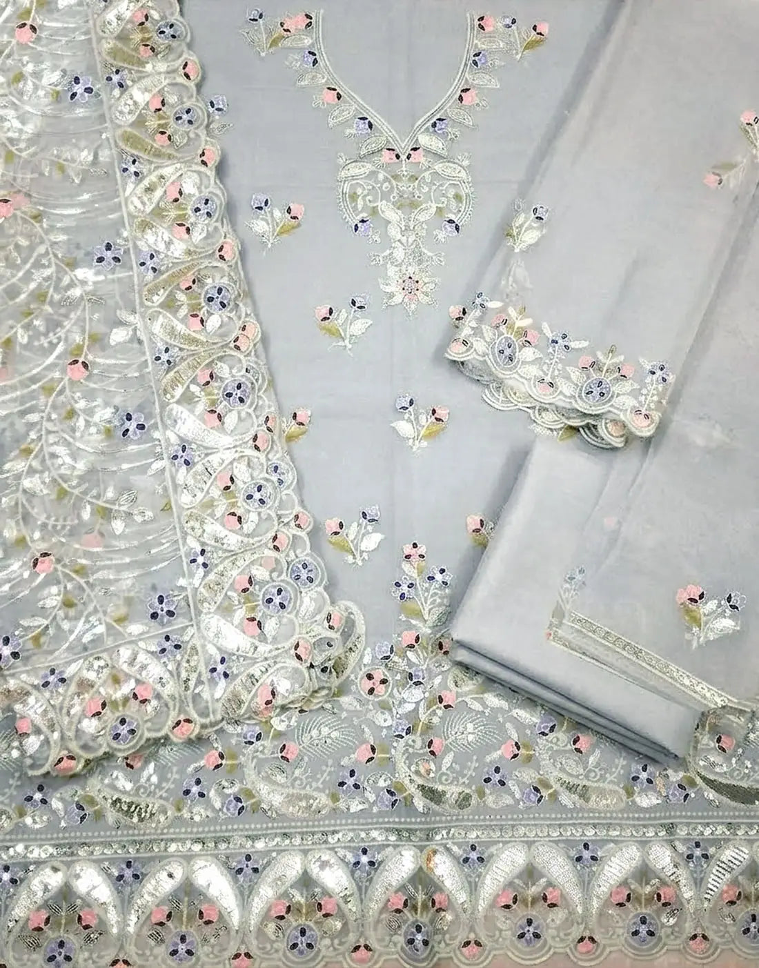 Formal Embroidered Organza Grey Party Wear Dress Design 2026