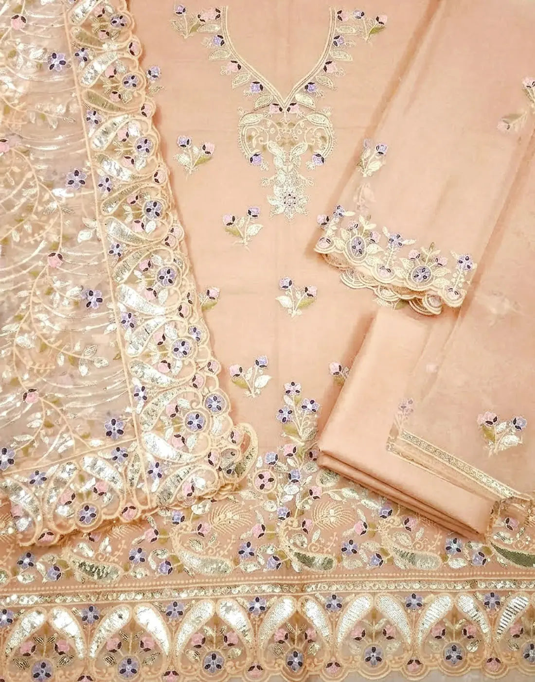 Formal Embroidered Organza Peach Color Party Wear Dress 2026