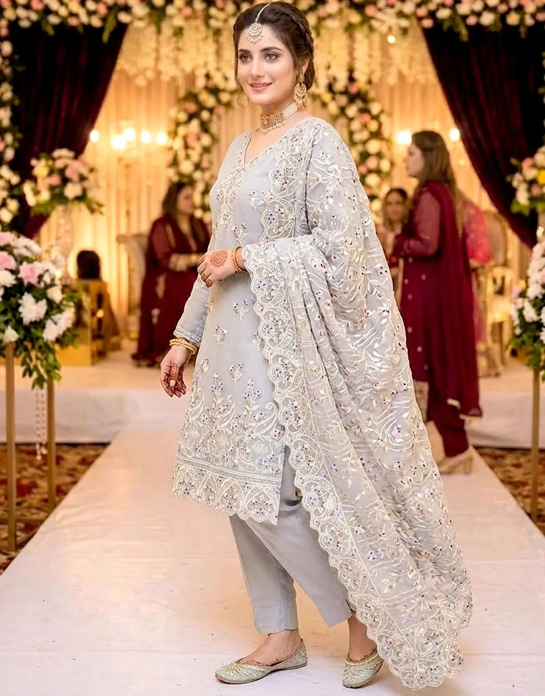 Formal Embroidered Organza Grey Party Wear Dress Design 2026