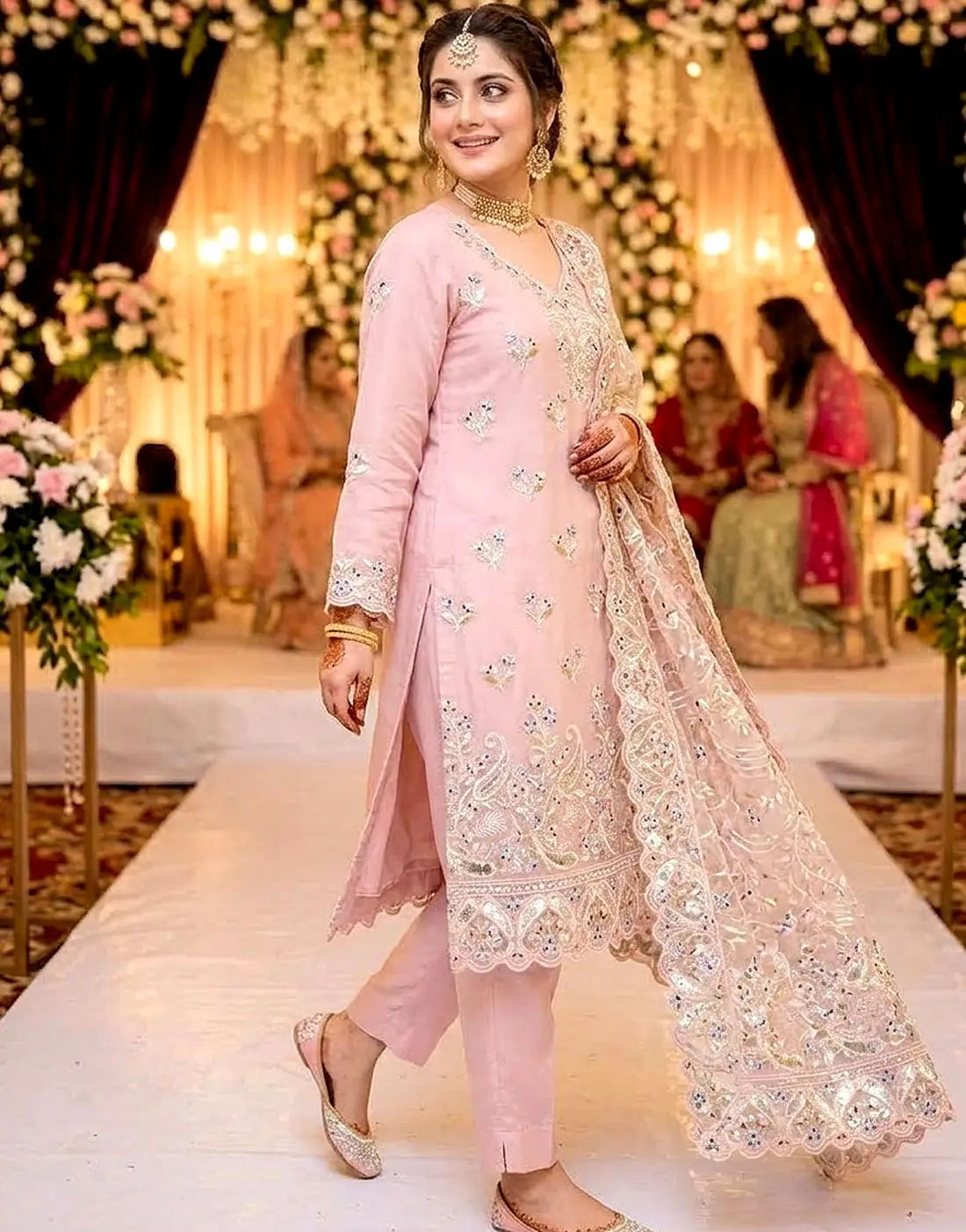 Formal Embroidered Organza Pink Party Wear Dress 2026