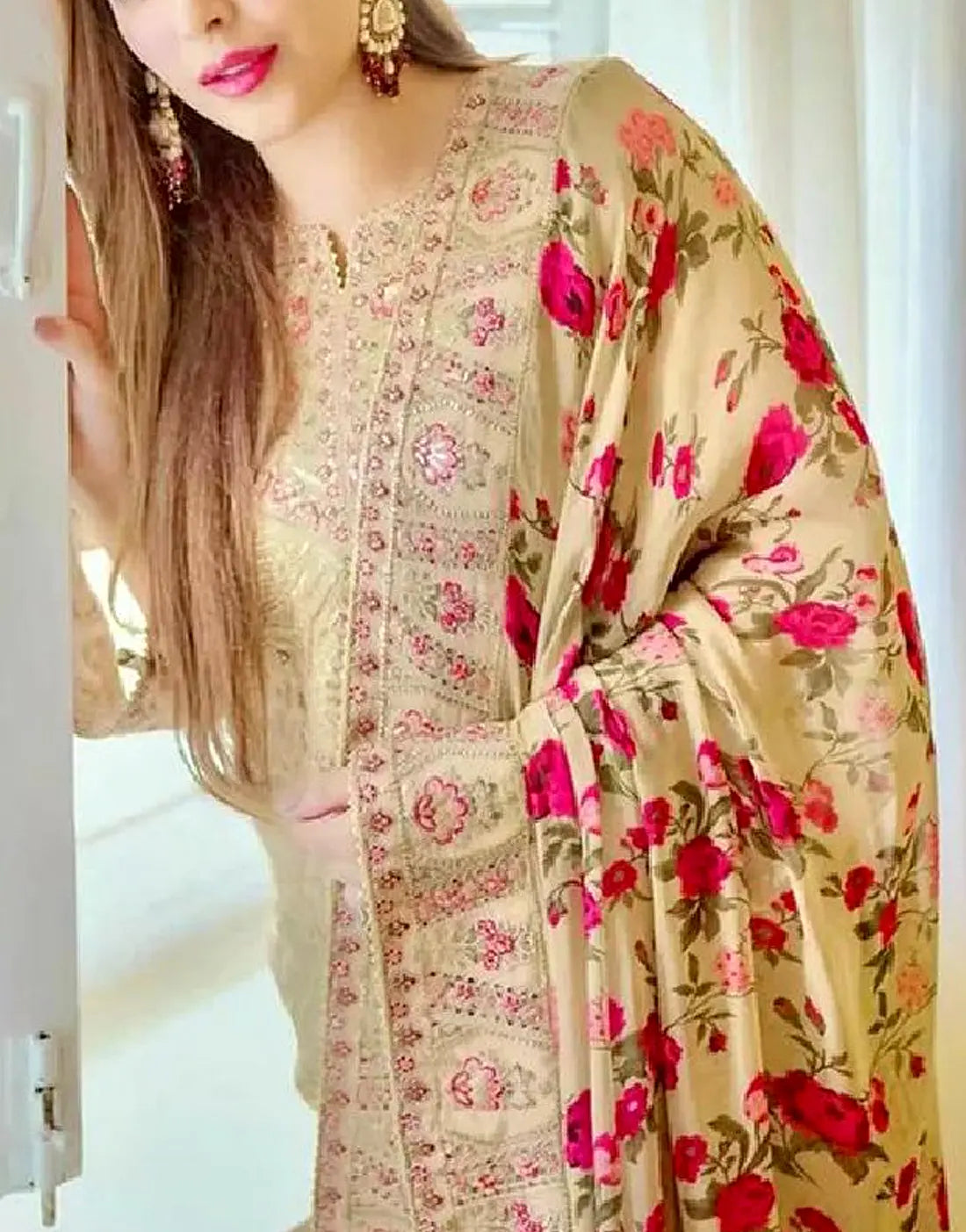 Aneela's Luxury Embroidered Beige Organza Dress for Party & Formal Wear