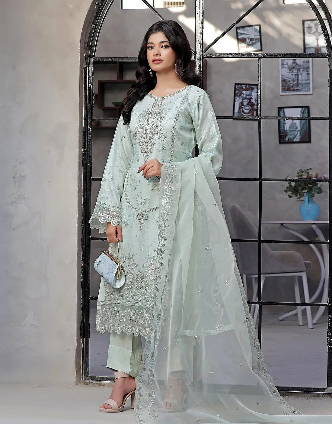 Naaira Semi-Stitched Embroidered Light Green Organza Party Dress with Complimentary Clutch Bag