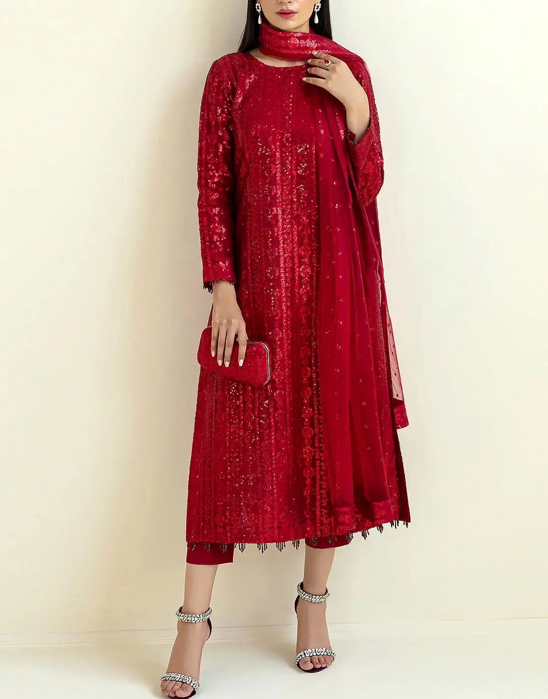 Glittering Sequins Embroidered Red Chiffon Wedding Wear Suit