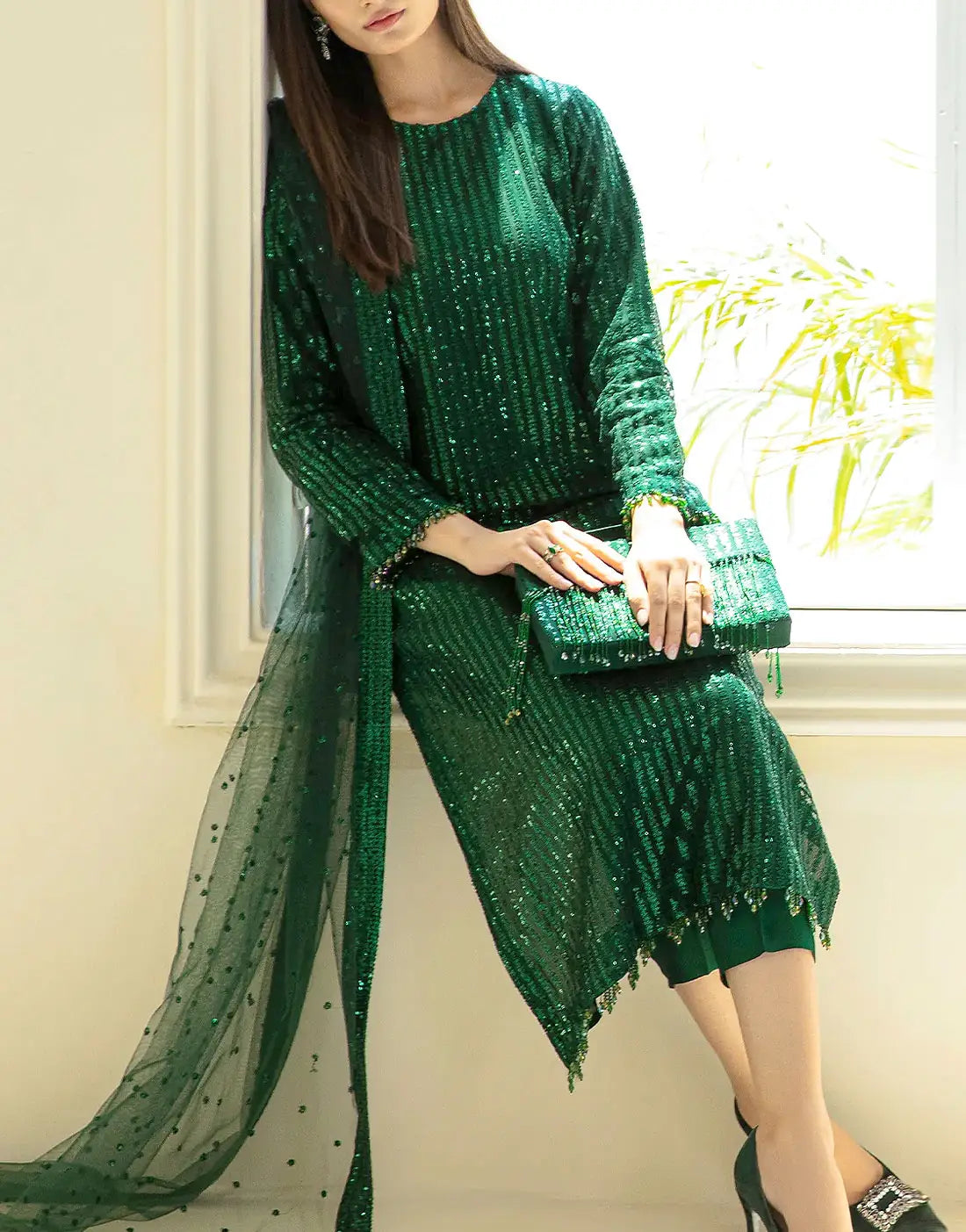 Glittering Sequins Embroidered Bottle Green Chiffon Wedding Dress