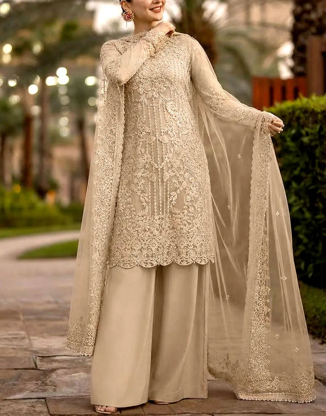Luxury Embroidered Beige Organza Wedding Dress with Rich Embellishments for Brides & Formal Events