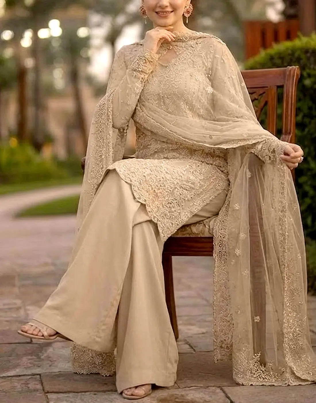Luxury Embroidered Beige Organza Wedding Dress with Rich Embellishments for Brides & Formal Events