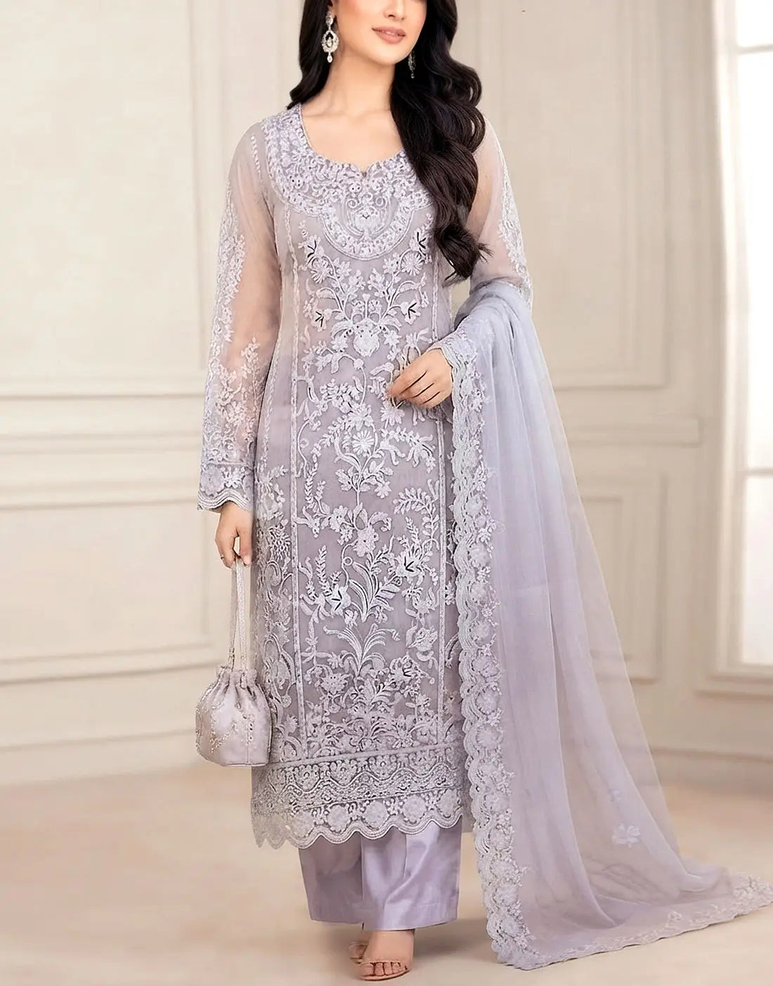 Glamorous Embroidered & Hand Embellished Lavender Grey Organza Wedding Dress