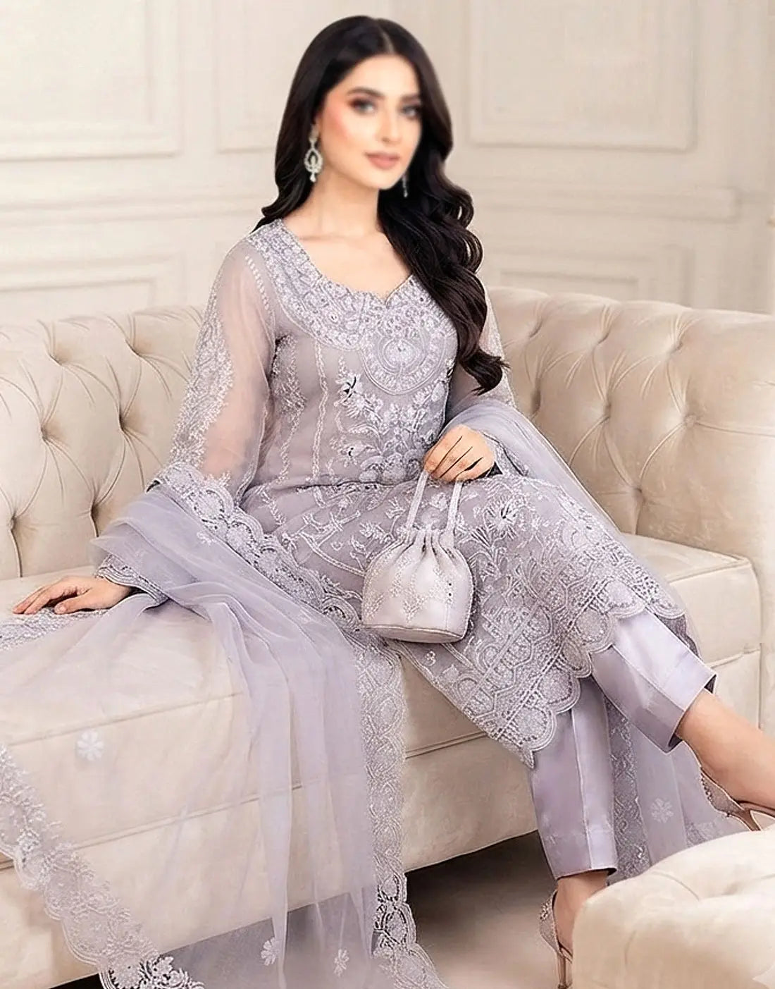 Glamorous Embroidered & Hand Embellished Lavender Grey Organza Wedding Dress