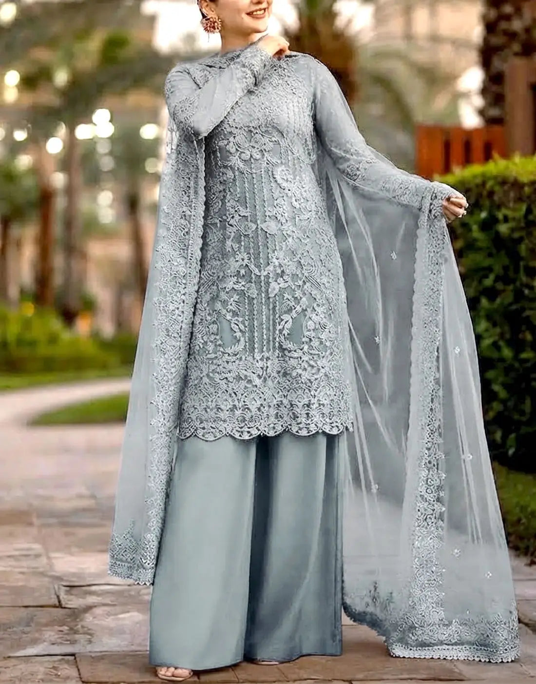Luxury Embroidered Grey Organza Wedding Dress with Rich Embellishments for Brides & Formal Events